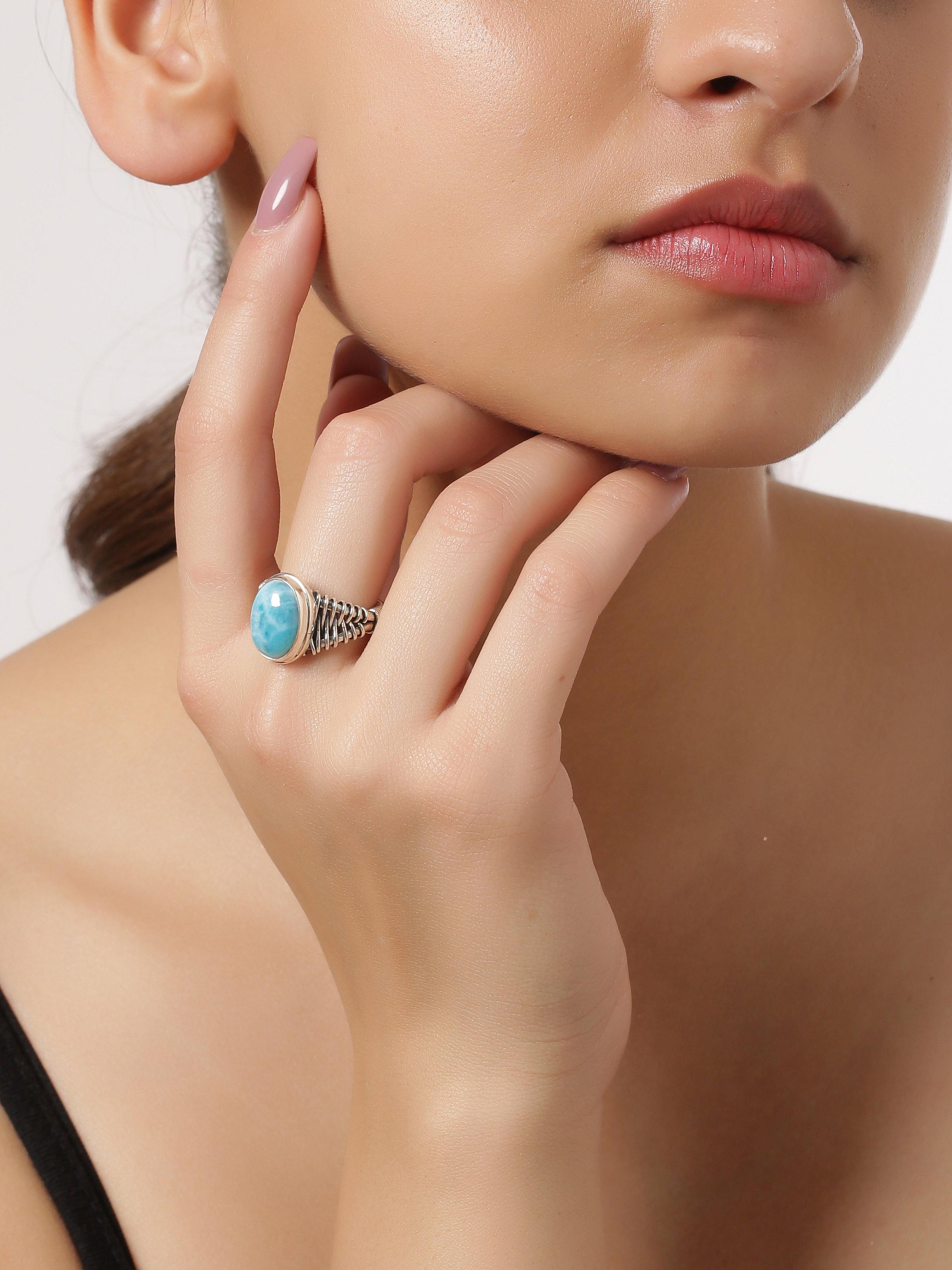 Natural Larimar Solid 925 Sterling Silver Ring Jewelry - YoTreasure