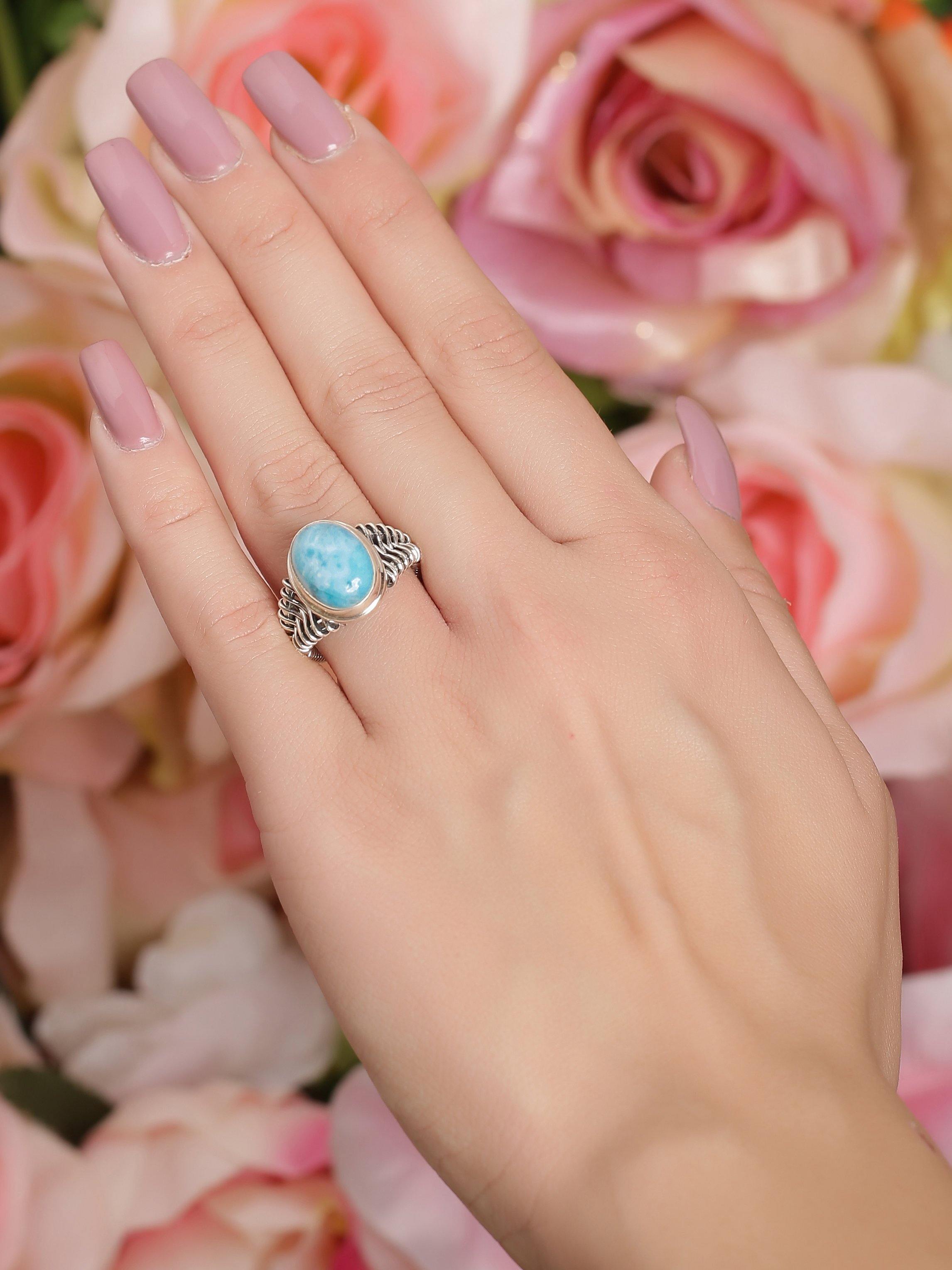 Natural Larimar Solid 925 Sterling Silver Ring Jewelry - YoTreasure