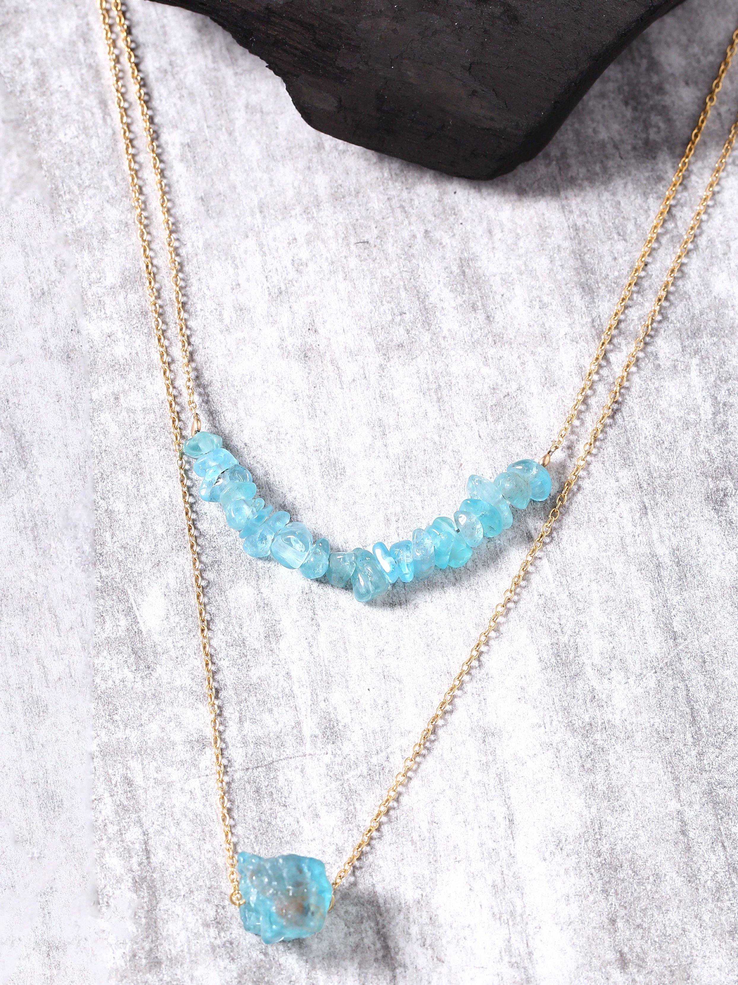 Apatite Solid 925 Sterling Silver Gold Plated Double Layer Chain Pendant Necklace Jewelry - YoTreasure