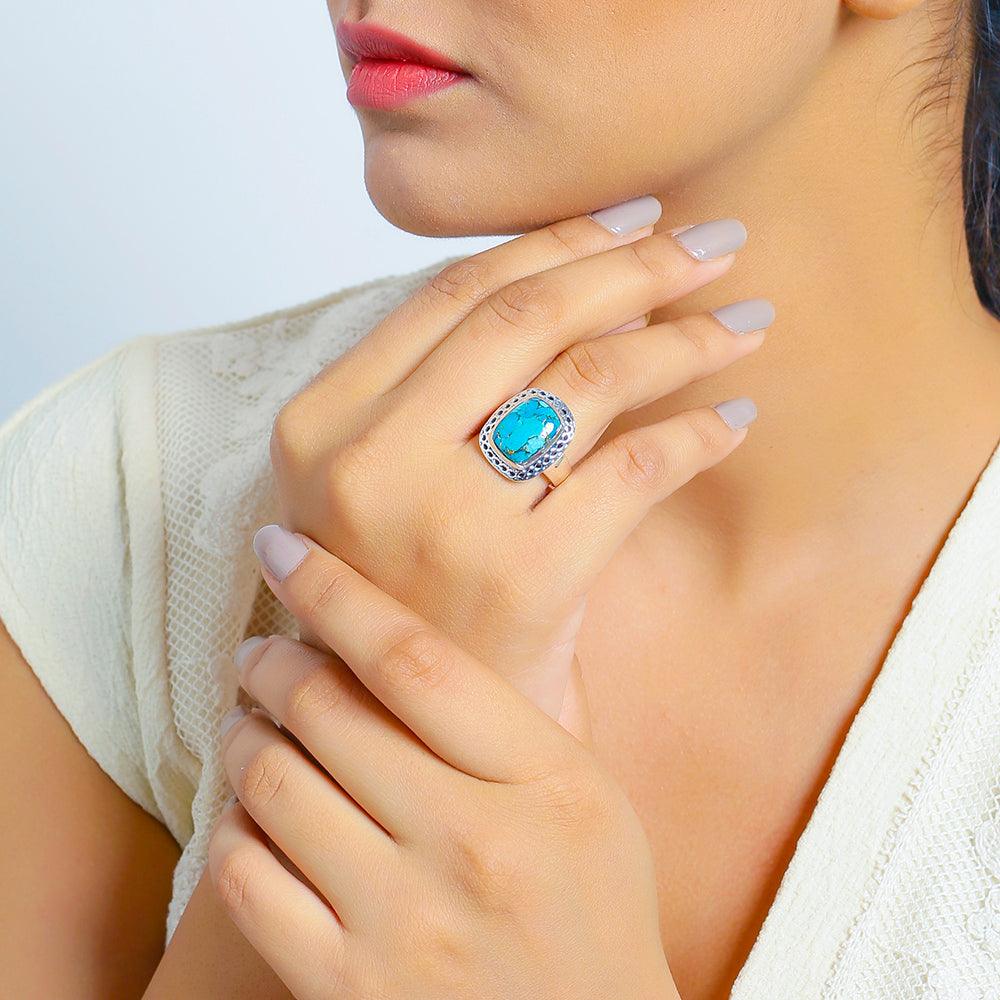 Blue Copper Turquoise Solid 925 Sterling Silver Ring Jewelry - YoTreasure