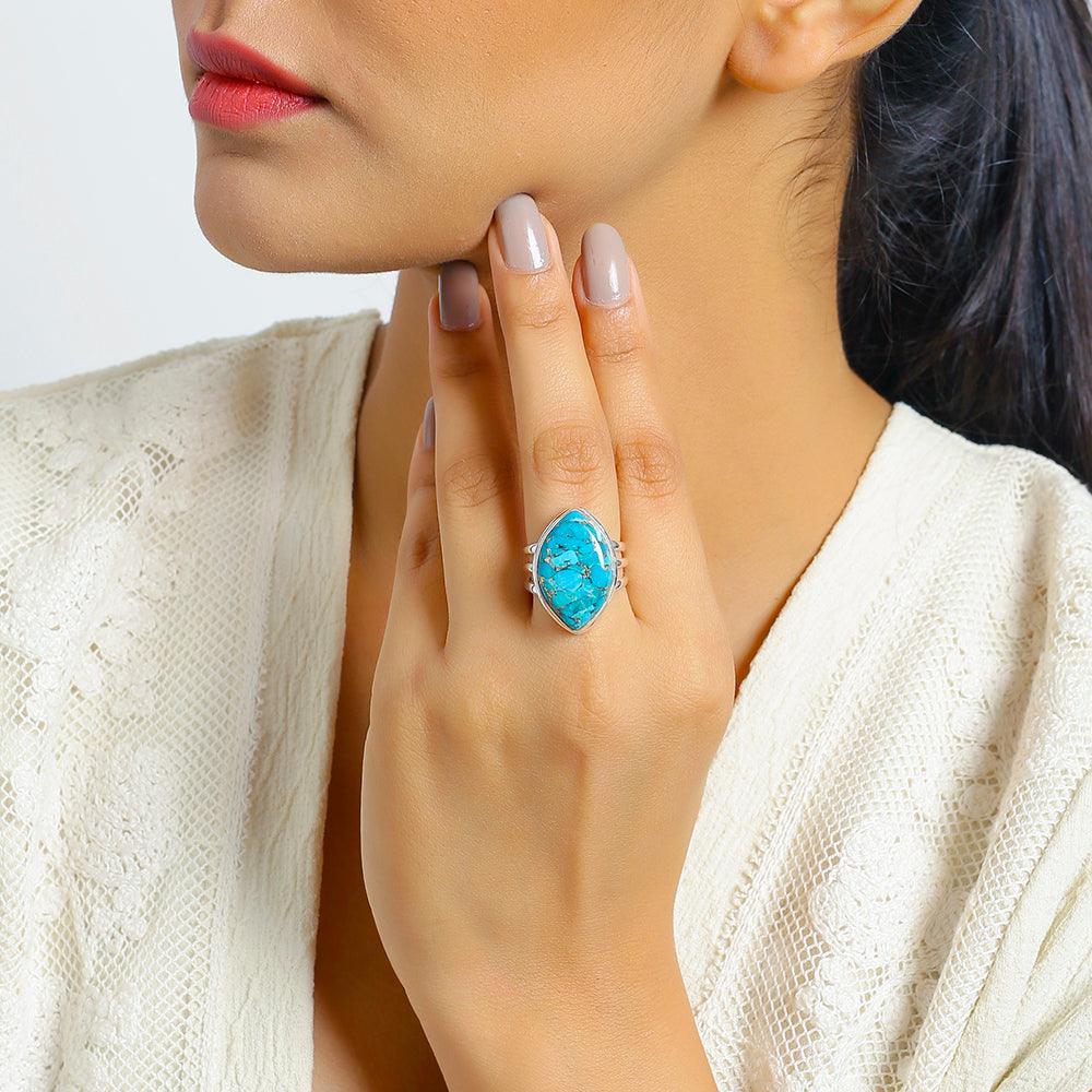 Blue Copper Turquoise Solid 925 Sterling Silver Split Shank Ring Jewelry - YoTreasure