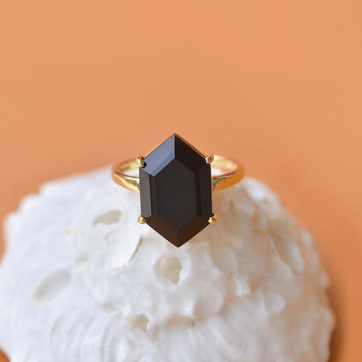Black Onyx Solitaire Ring 14k Gold Over 925 Sliver - YoTreasure