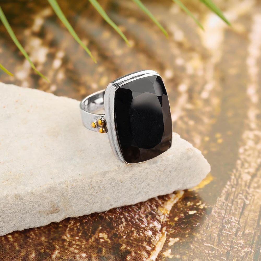 Black Onyx Statement Ring Solid 925 Sterling Silver With Brass Accents - YoTreasure