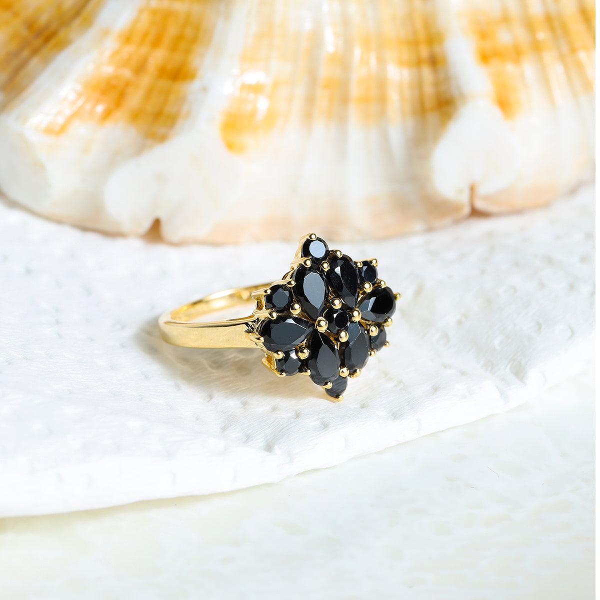 Black Onyx Cluster Ring 14k Gold Over 925 Silver - YoTreasure