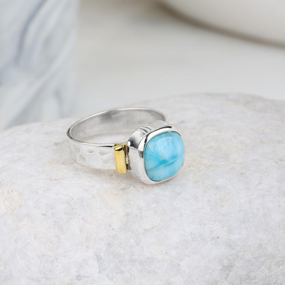 Larimar Solitaire Ring 925 Sterling Silver With Brass Accents - YoTreasure