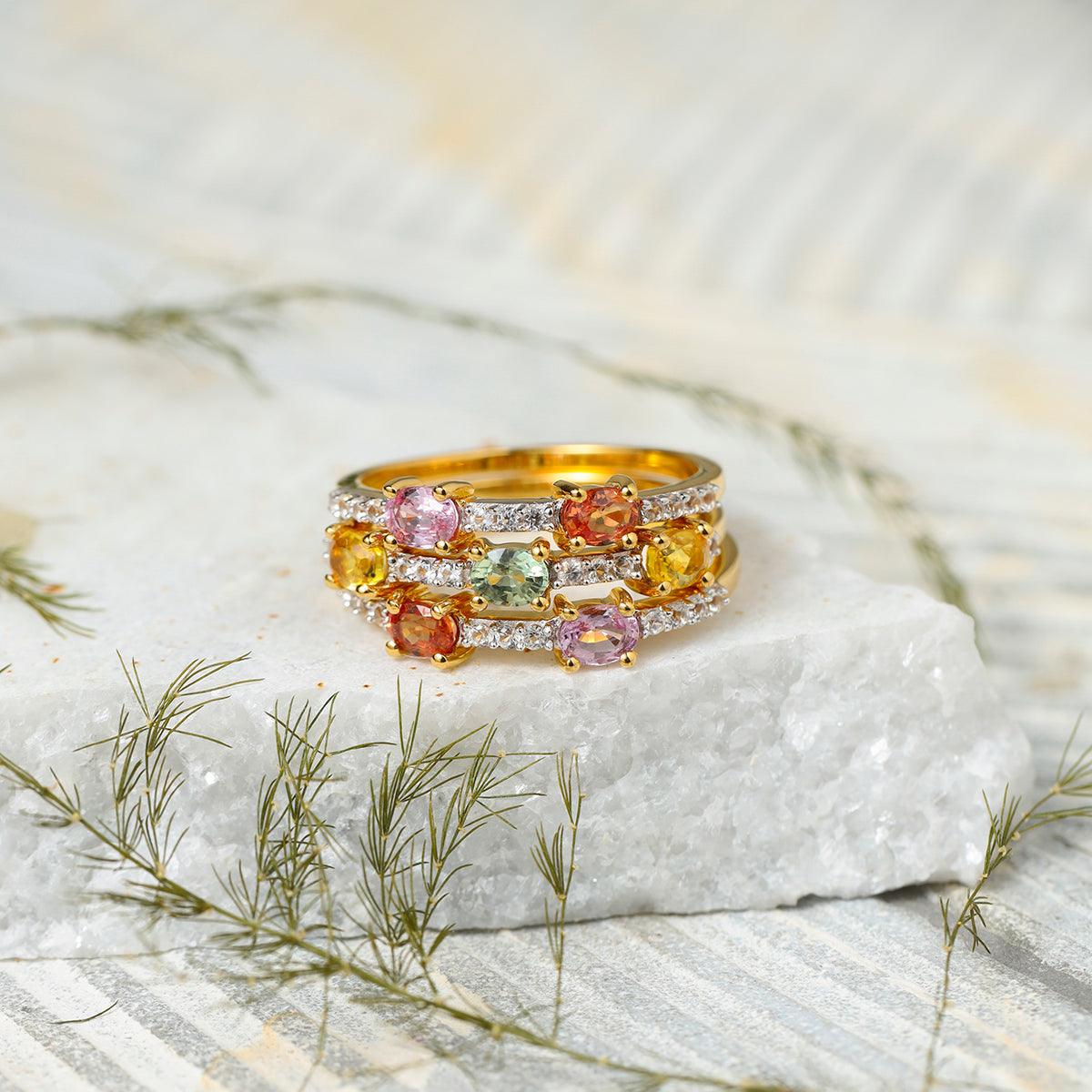 Multi Sapphire Love Ring 10K Yellow Gold Stackable Rings Set Jewelry - YoTreasure