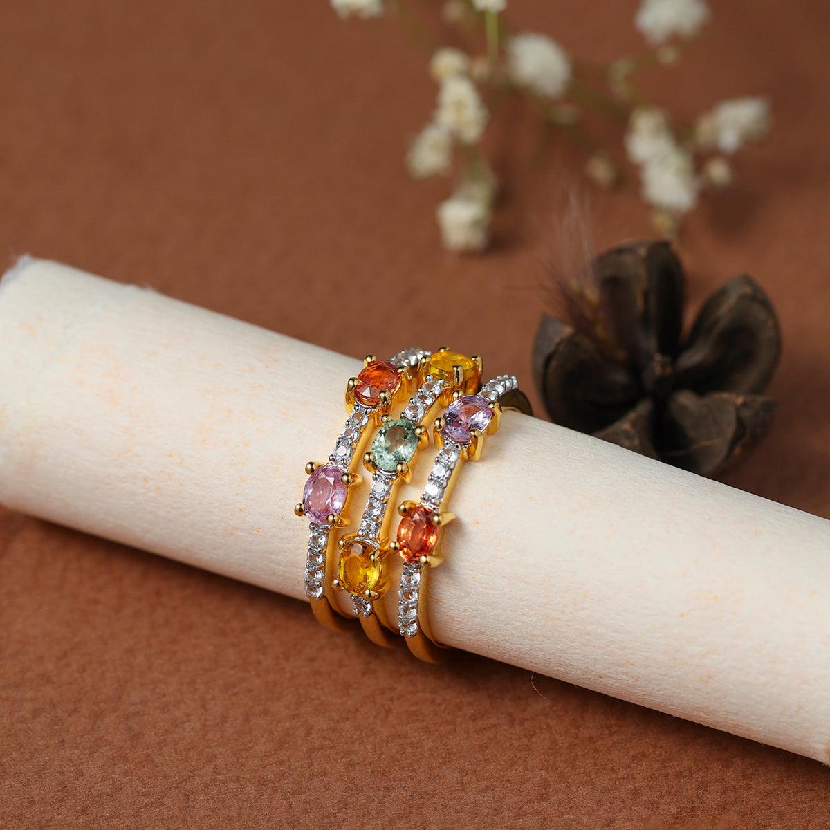 Multi Sapphire Love Ring 10K Yellow Gold Stackable Rings Set Jewelry - YoTreasure