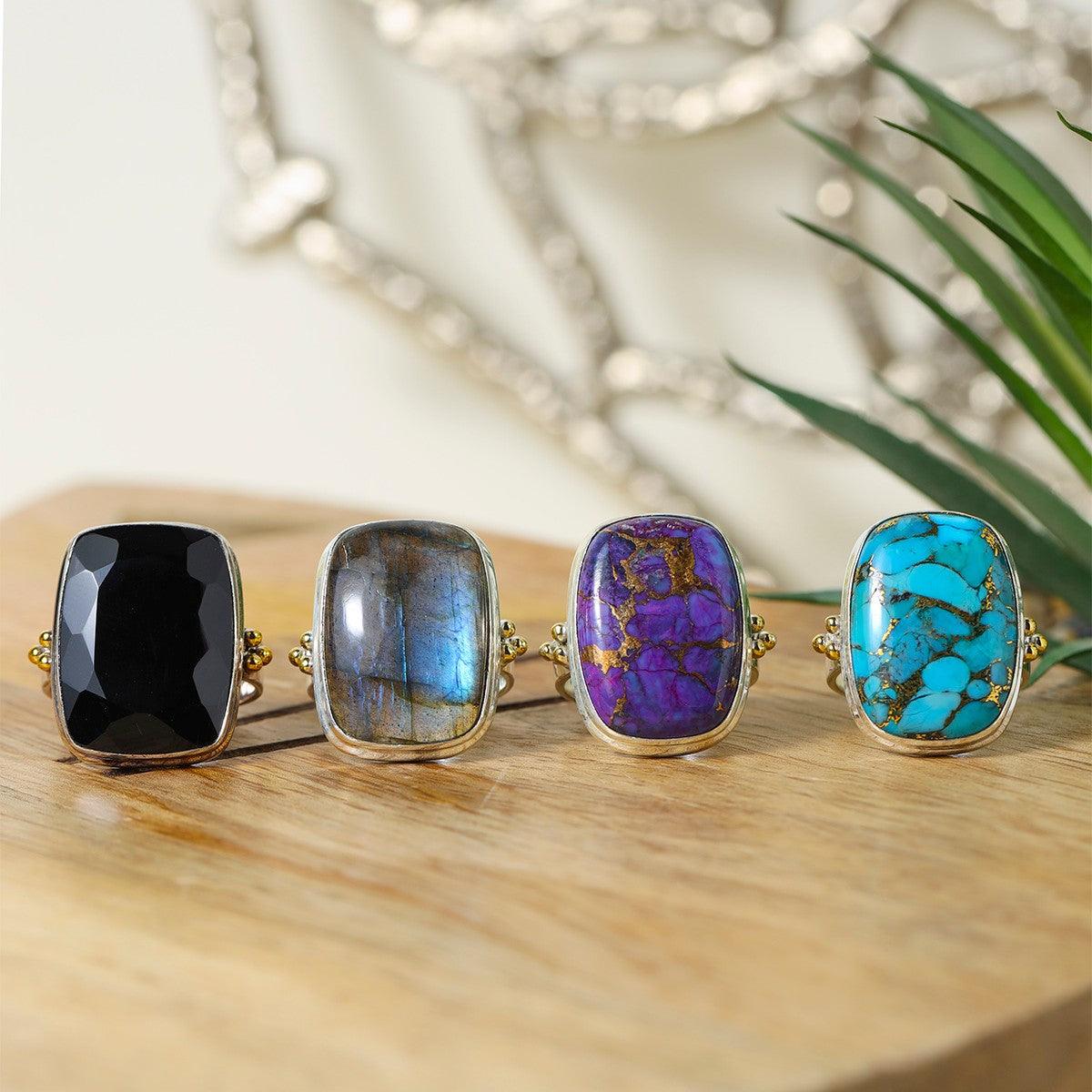 Black Onyx Statement Ring Solid 925 Sterling Silver With Brass Accents - YoTreasure