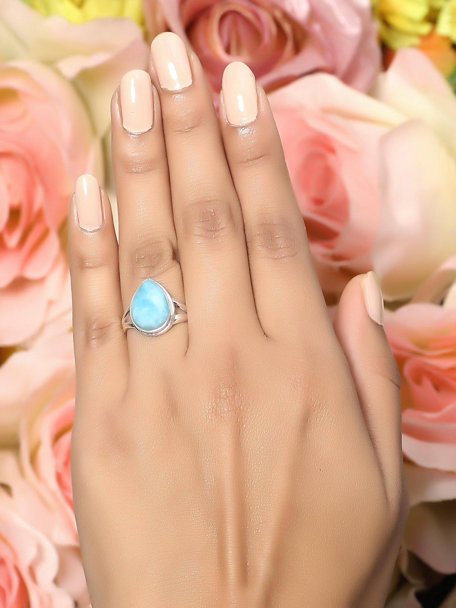Larimar Solid 925 Sterling Silver Teardrop Split Shank Ring - YoTreasure