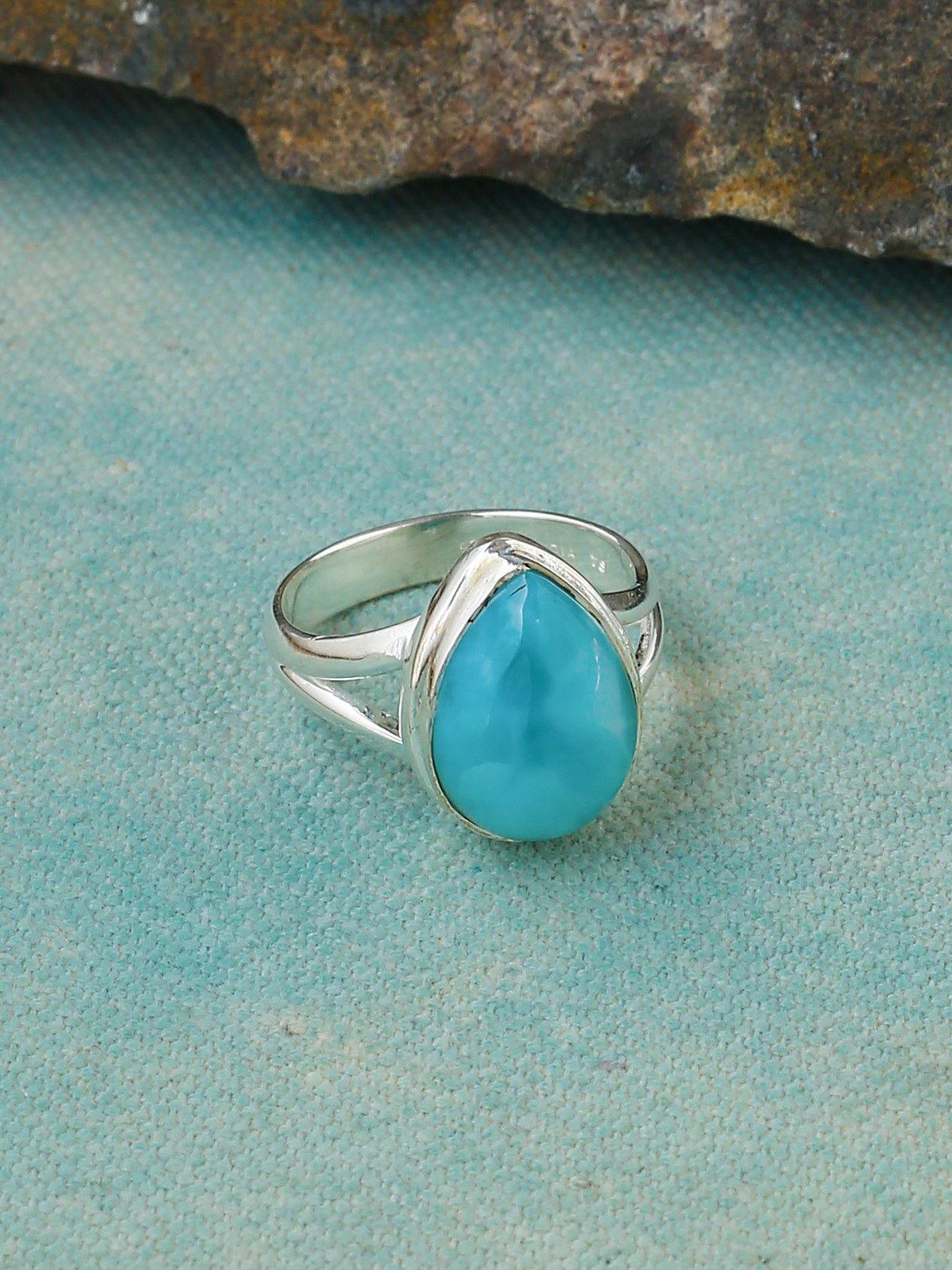 Larimar Solid 925 Sterling Silver Teardrop Split Shank Ring - YoTreasure