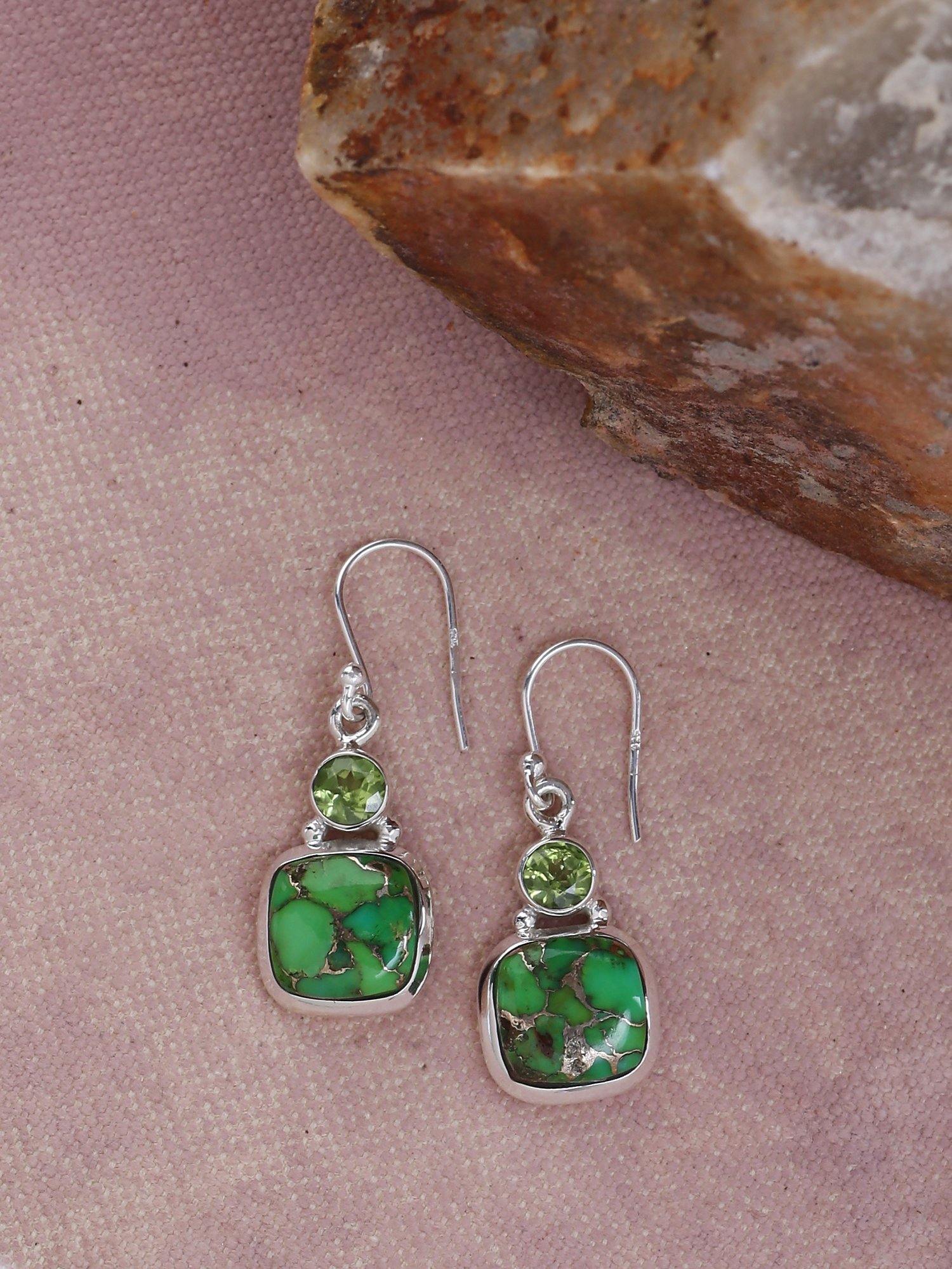 Green Copper Turquoise Solid 925 Sterling Silver Dangle Earrings Jewelry - YoTreasure