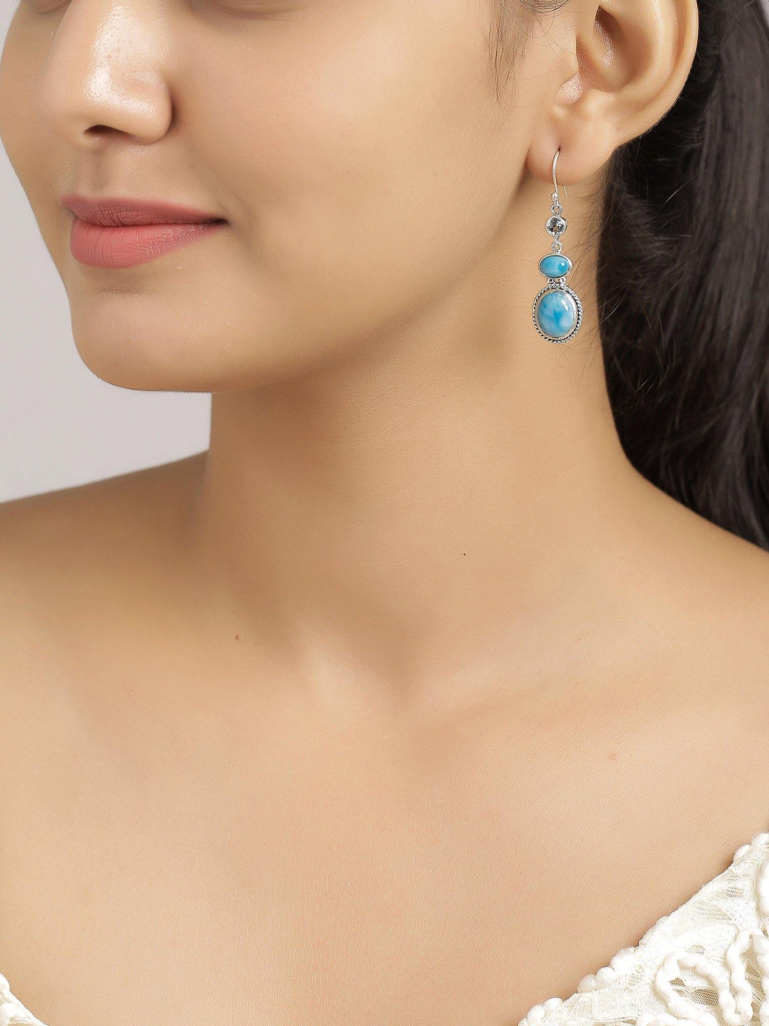 Larimar Blue Topaz Solid 925 Sterling Silver Dangle Earrings Jewelry - YoTreasure