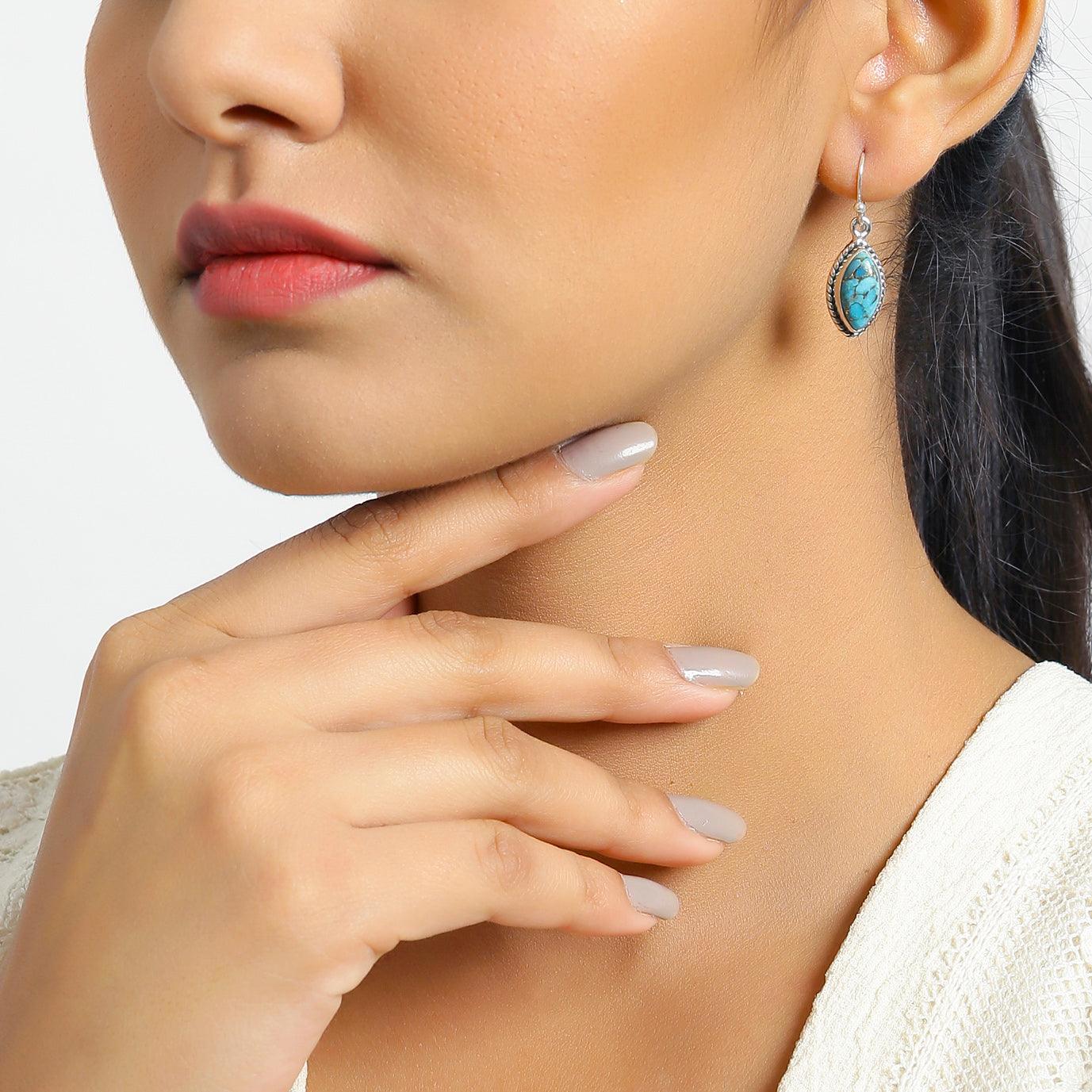 Blue Copper Turquoise Solid 925 Sterling Silver Dangle Earrings Jewelry - YoTreasure