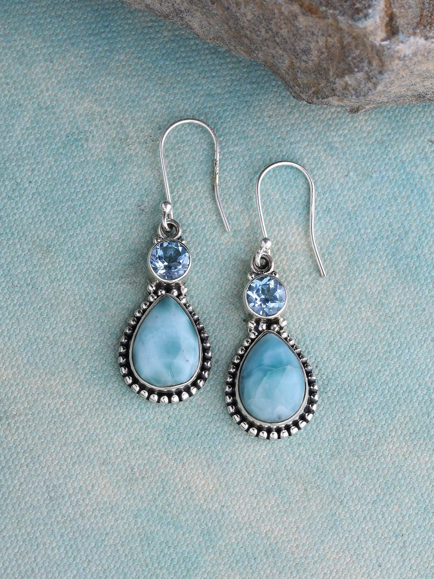 Larimar Blue Topaz Solid 925 Sterling Silver Dangle Earrings Jewelry - YoTreasure