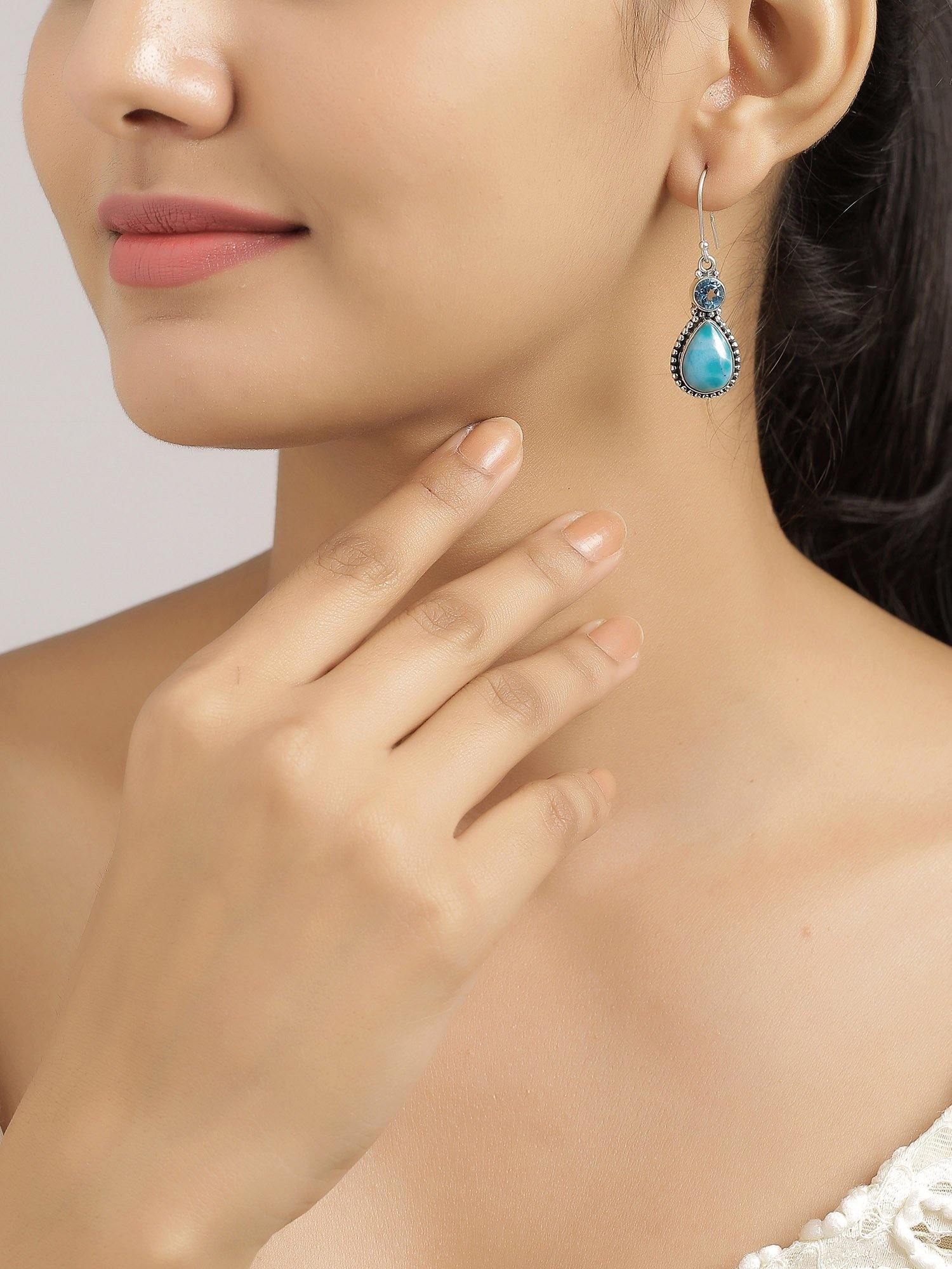 Larimar Blue Topaz Solid 925 Sterling Silver Dangle Earrings Jewelry - YoTreasure