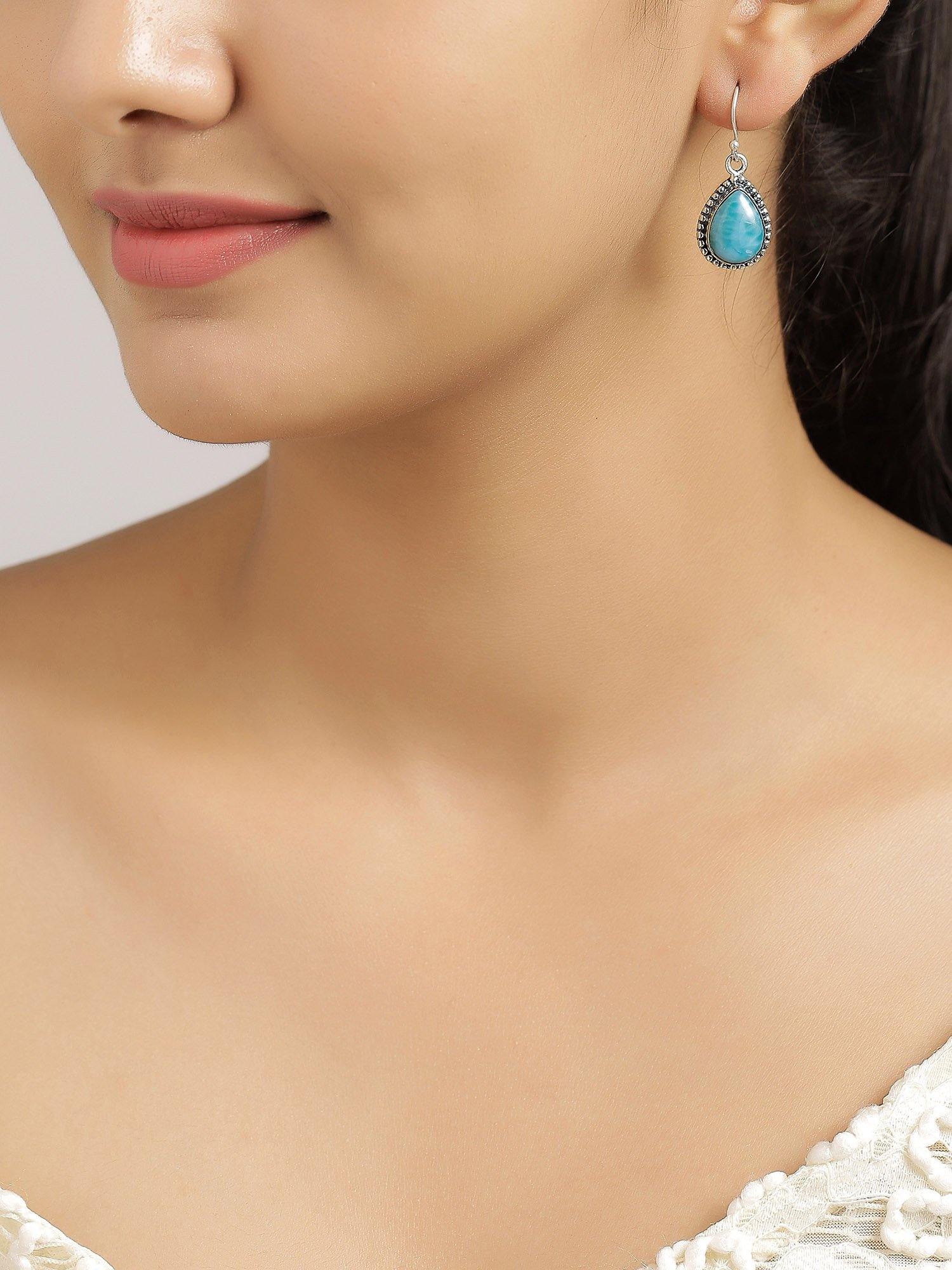 Natural Larimar Solid 925 Sterling Silver Dangle Earrings Jewelry - YoTreasure
