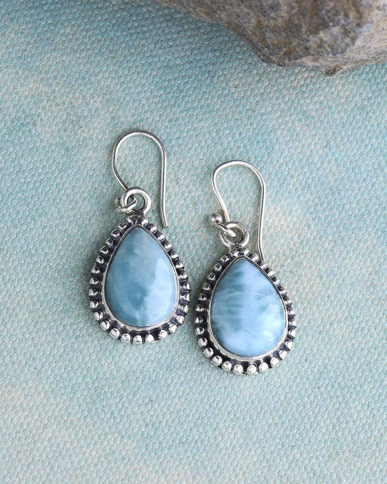 Natural Larimar Solid 925 Sterling Silver Dangle Earrings Jewelry - YoTreasure