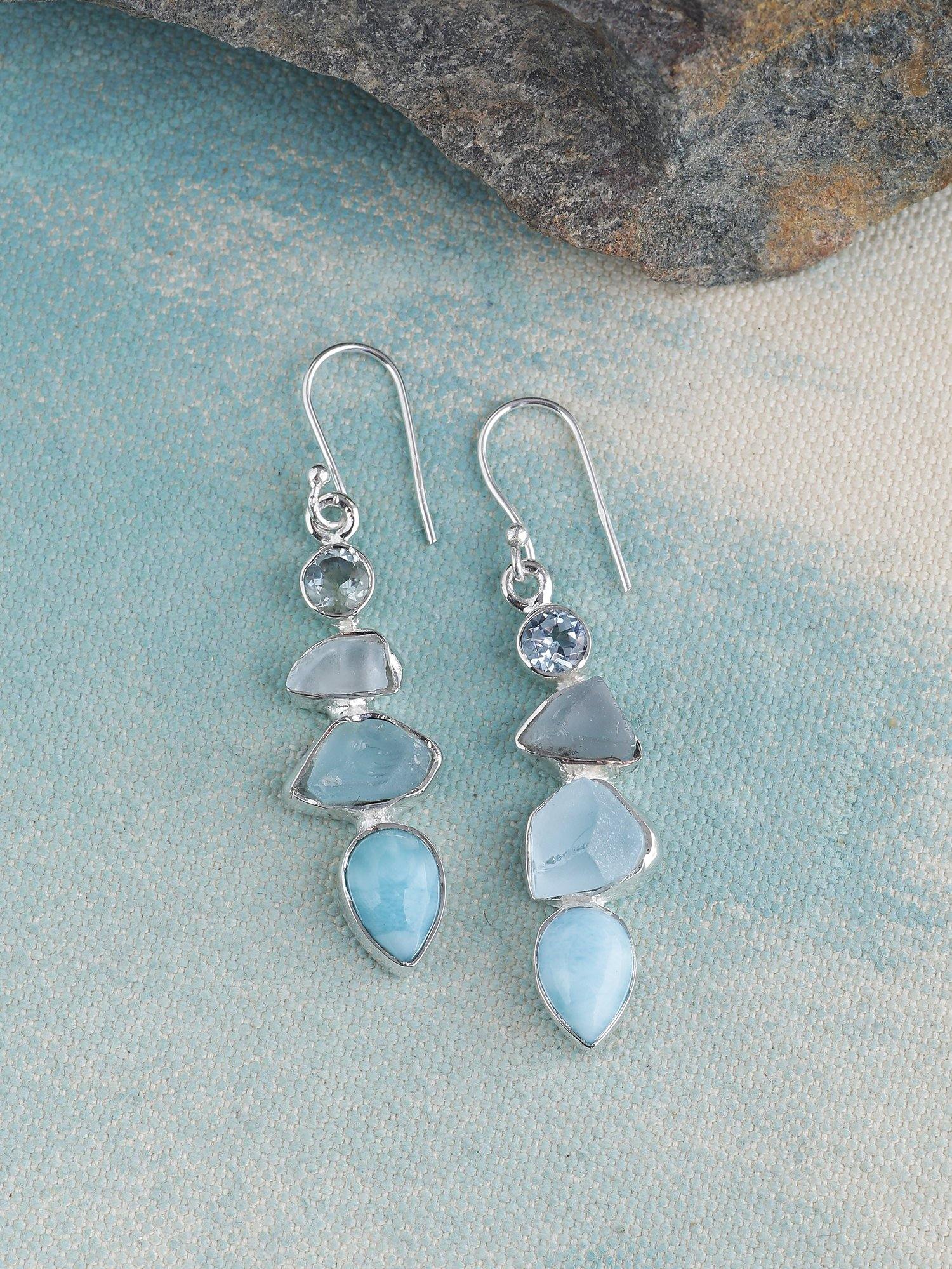 Larimar Rough Blue Topaz Solid 925 Sterling Silver Dangle Earrings Jewelry - YoTreasure