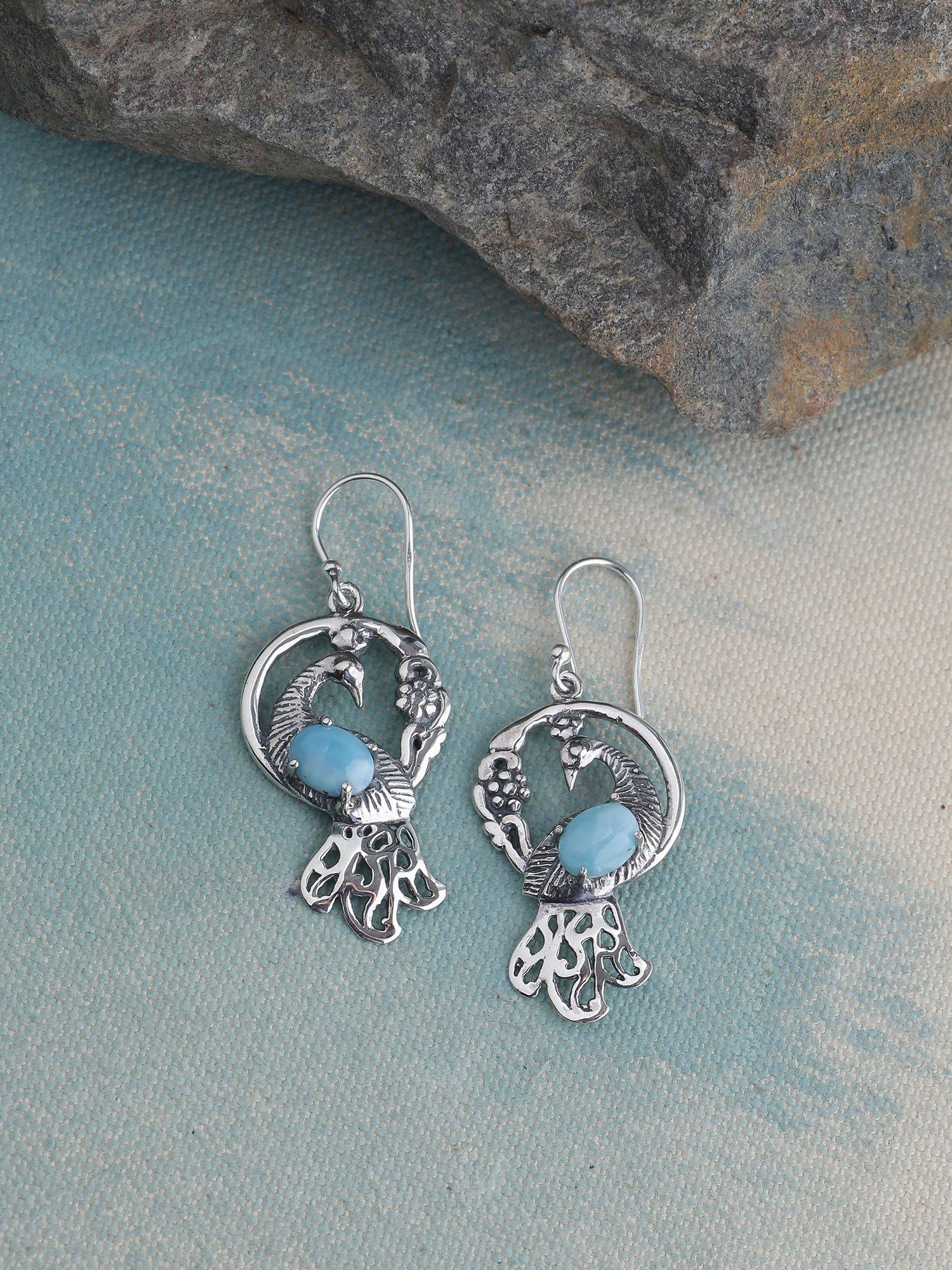 Larimar Solid 925 Sterling Silver Peacock Dangle Earrings Jewelry - YoTreasure