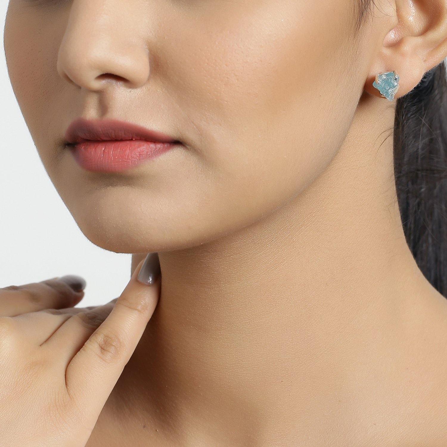 Rough Aquamarine Solid 925 Sterling Silver Stud Earrings - YoTreasure