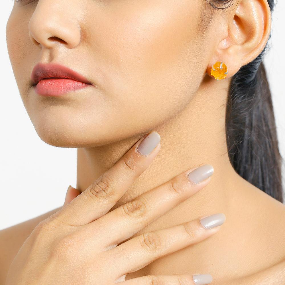 Rough Citrine Solid 925 Sterling Silver Stud Earrings Jewelry - YoTreasure