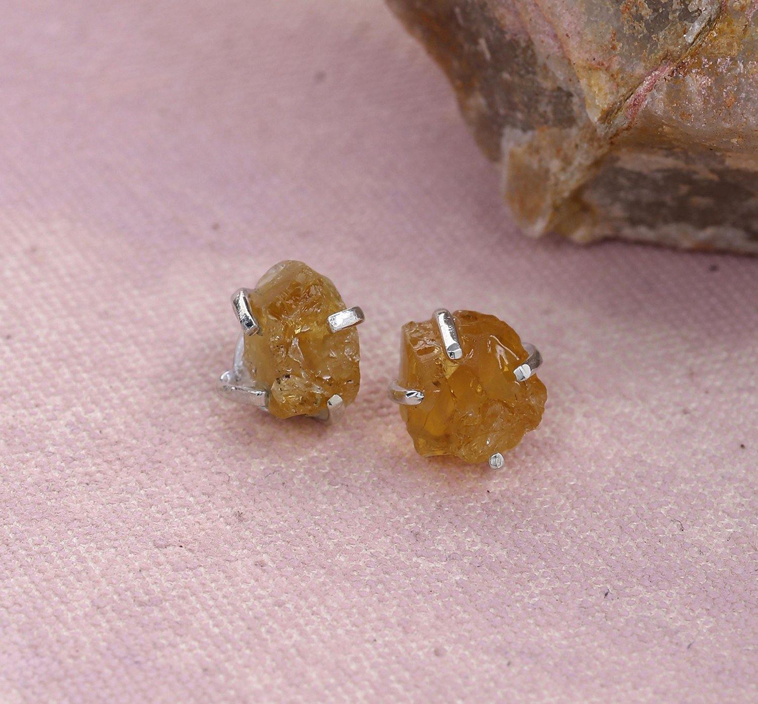 Rough Citrine Solid 925 Sterling Silver Stud Earrings Jewelry - YoTreasure