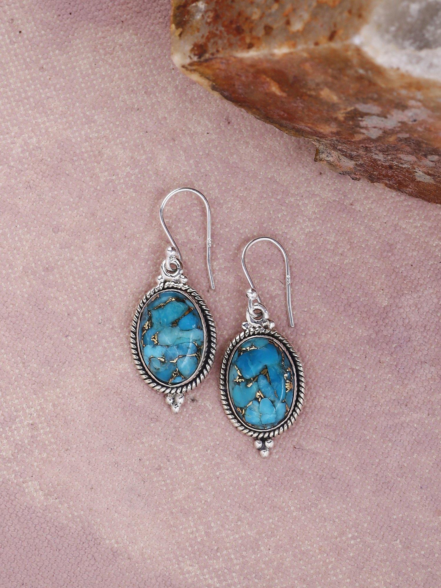 Blue Copper Turquoise Solid 925 Sterling Silver Dangle Earrings Jewelry - YoTreasure