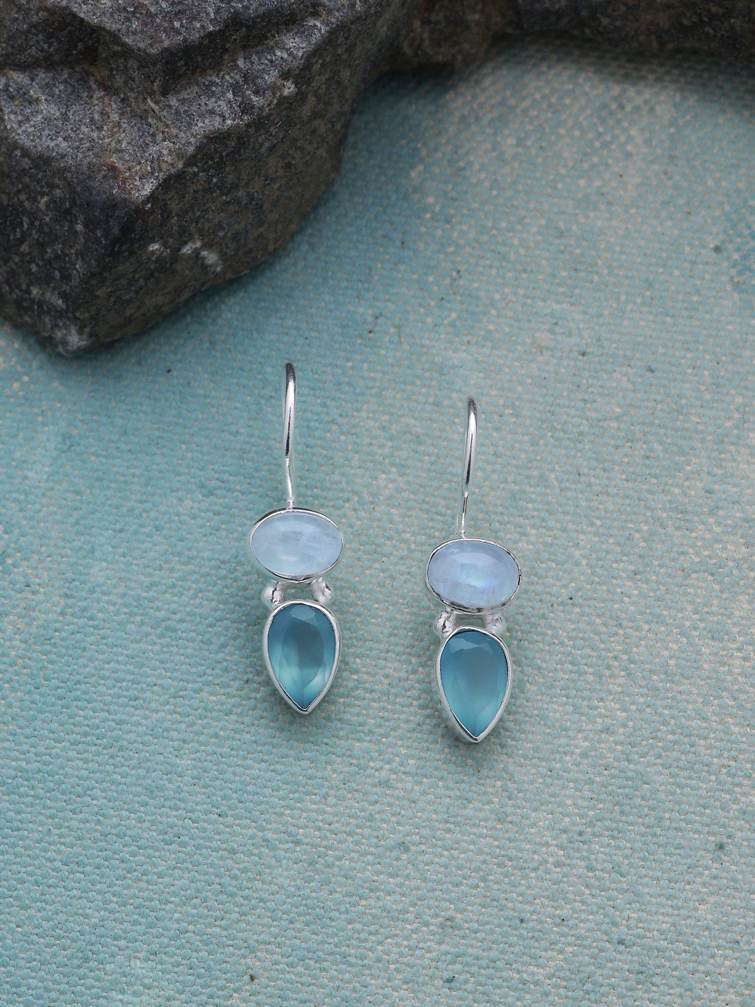 Moonstone Aqua Chalcedony Solid 925 Sterling Silver Dangle Earrings Jewelry - YoTreasure