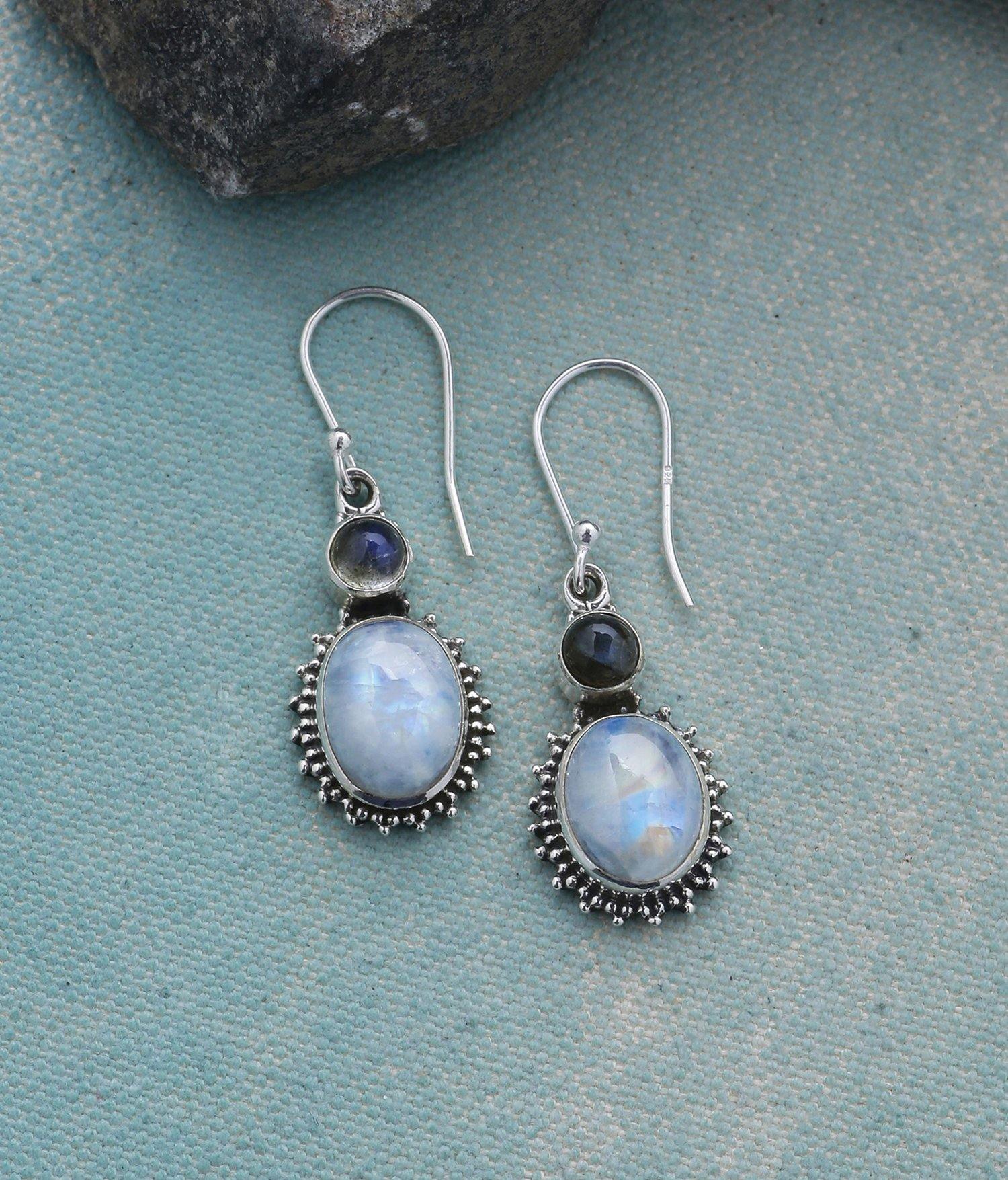 Moonstone Labradorite Solid 925 Sterling Silver Dangle Earrings Jewelry - YoTreasure