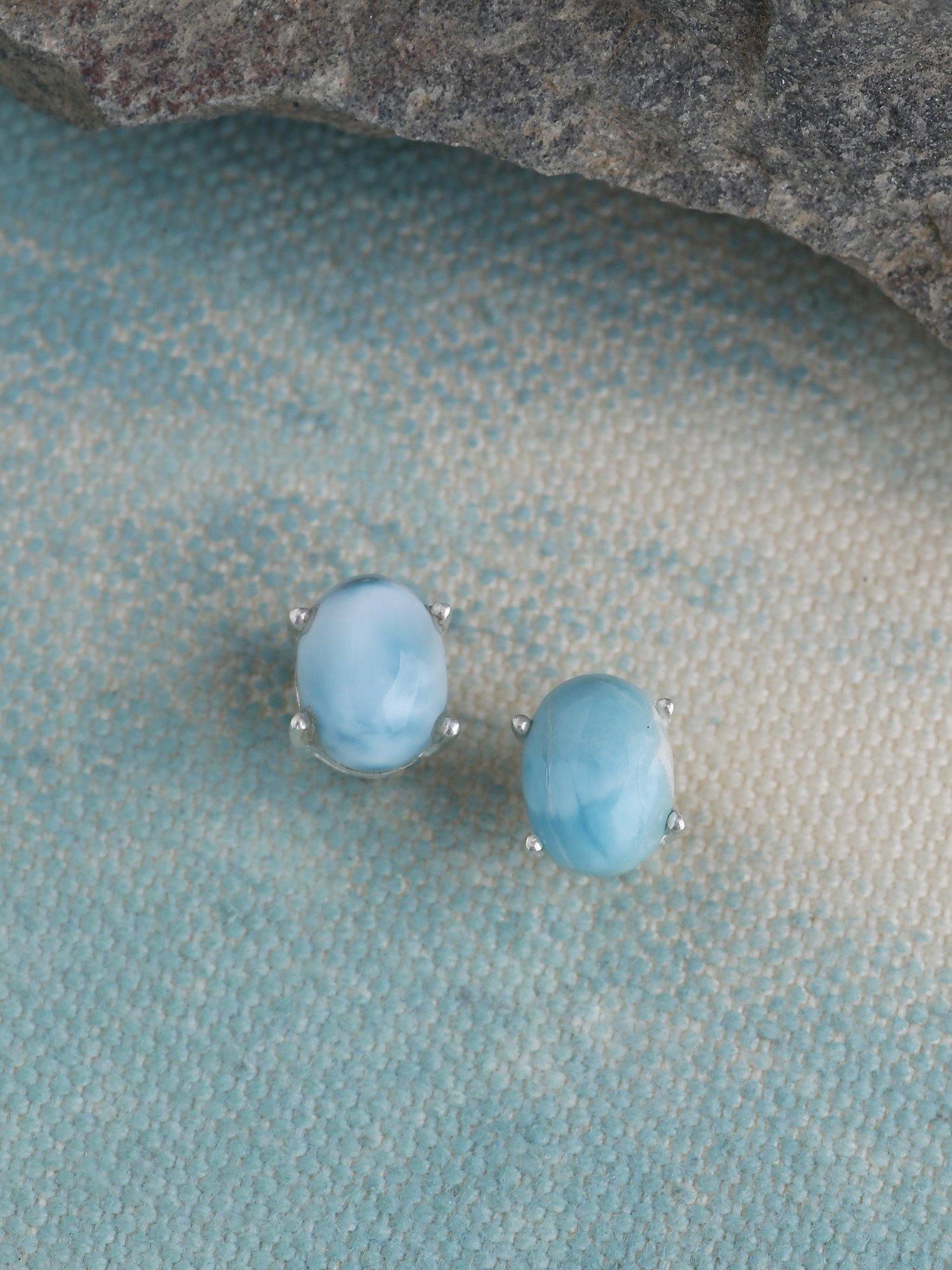 Natural Larimar Solid 925 Sterling Silver Stud Earrings - YoTreasure