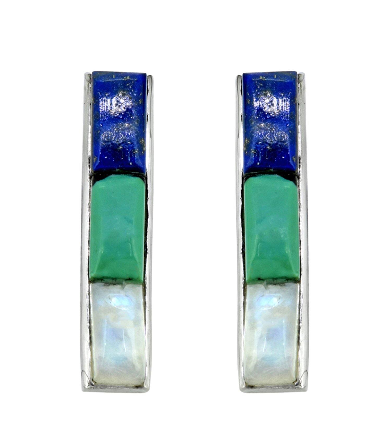Rainbow Moonstone Turquoise Lapis Solid 925 Sterling Silver Stud Earrings Jewelry - YoTreasure