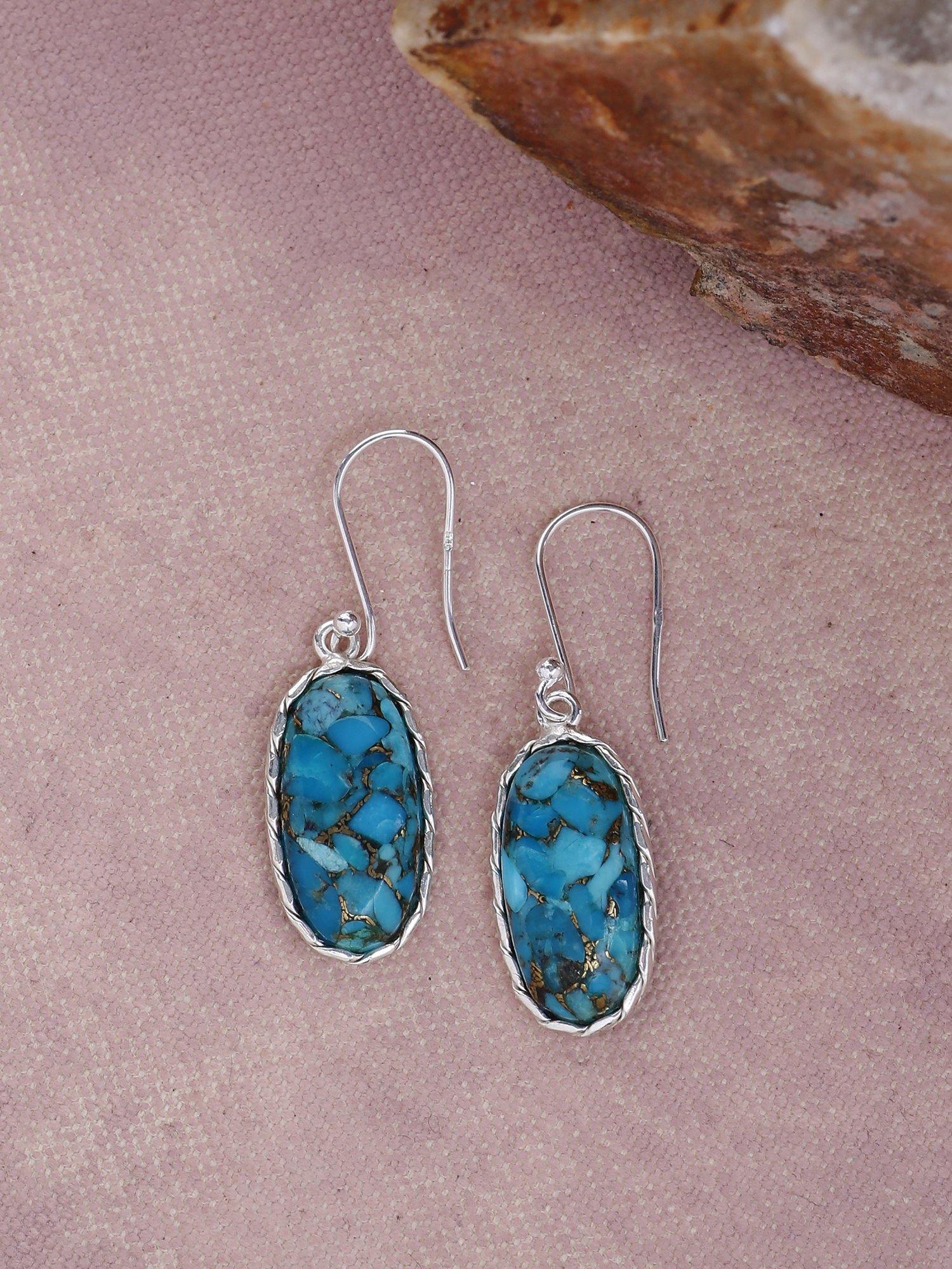 Blue Copper Turquoise Solid 925 Sterling Silver Dangle Earrings Jewelry - YoTreasure