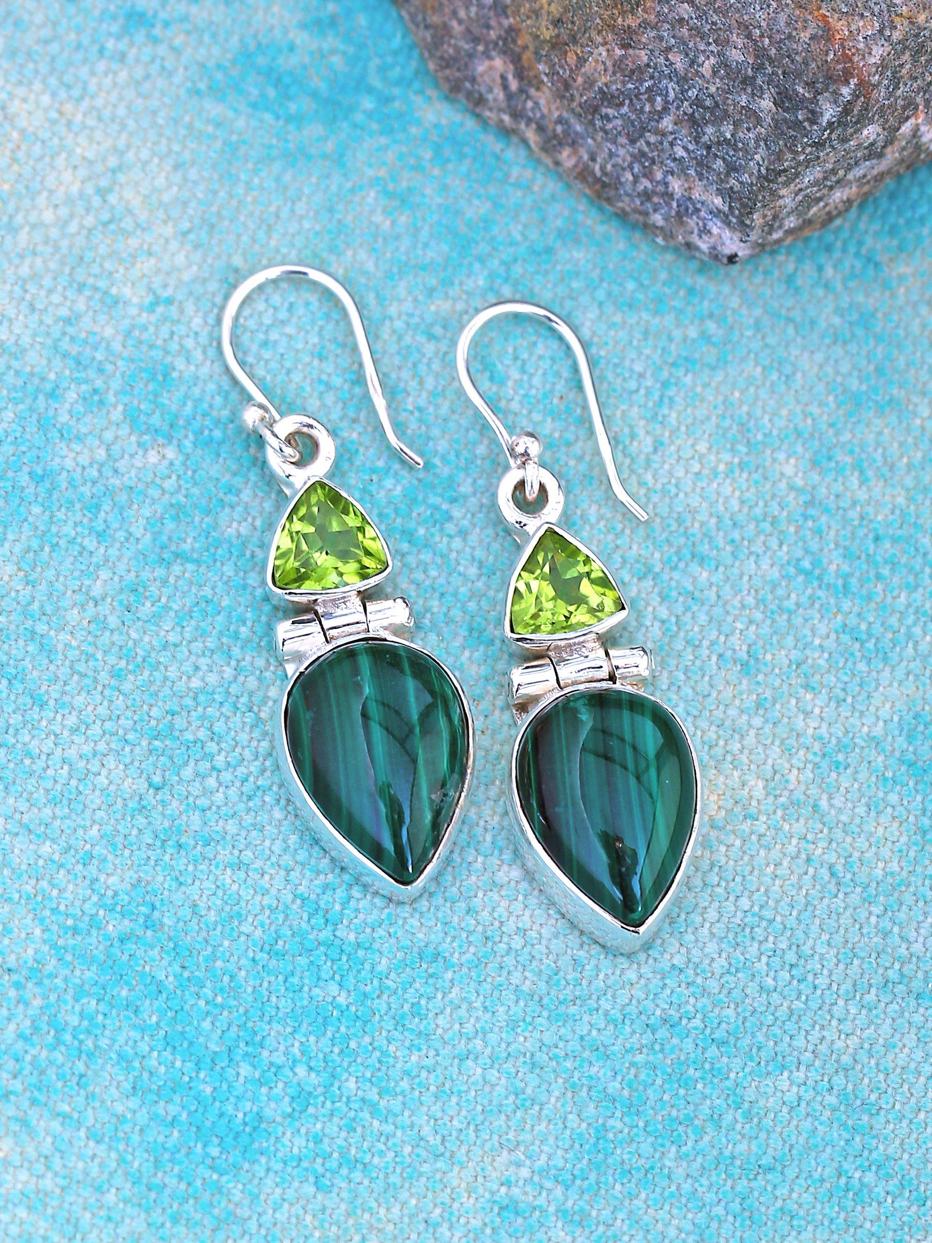 Malachite Peridot Solid 925 Sterling Silver Dangle Earrings Jewelry - YoTreasure