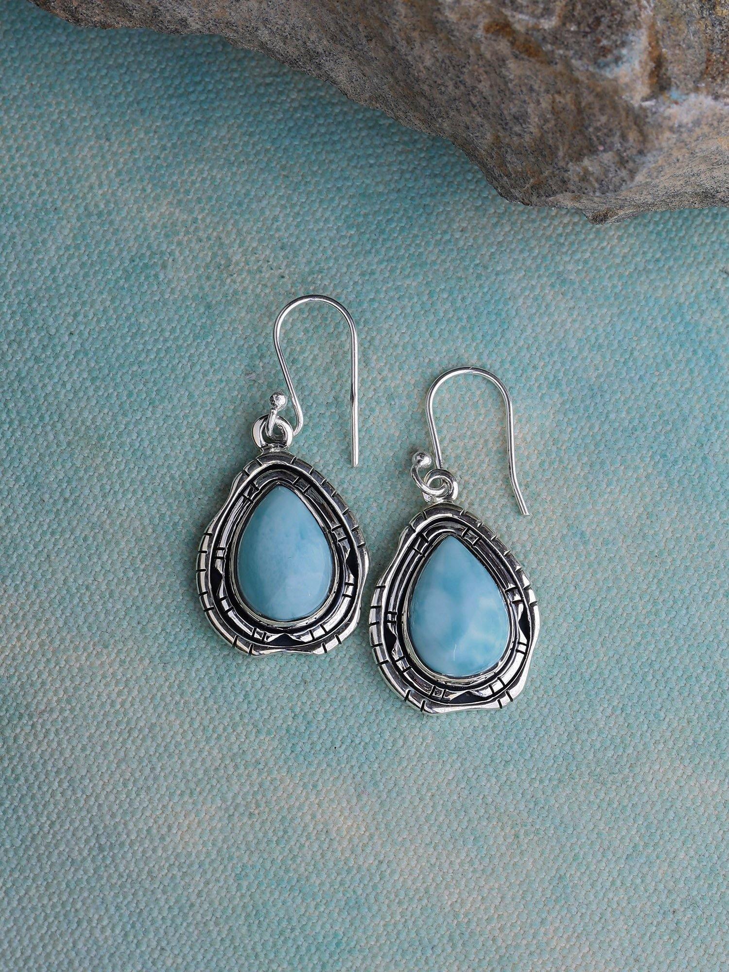 1.37" Larimar Solid 925 Sterling Silver Dangle Earrings Jewelry - YoTreasure