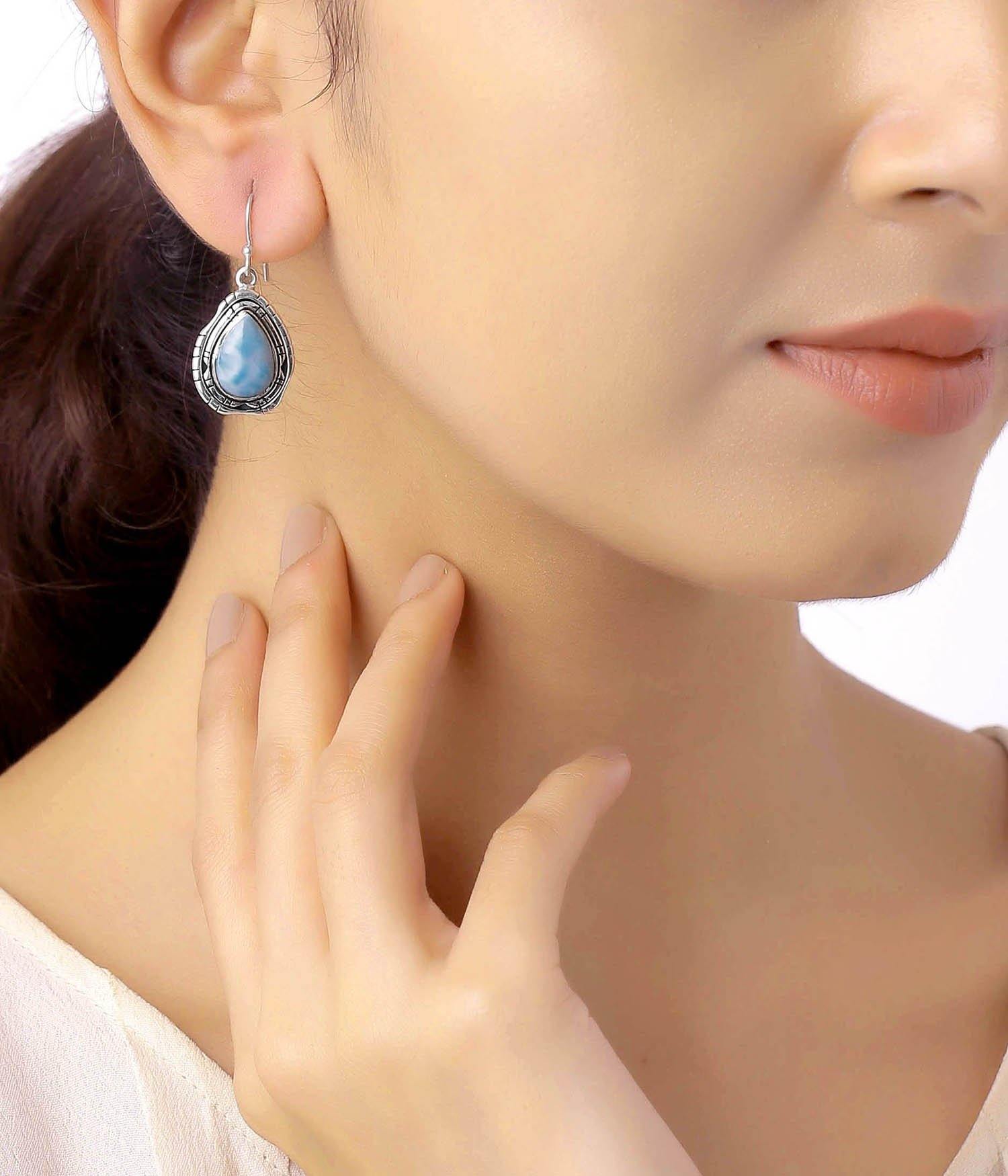 1.37" Larimar Solid 925 Sterling Silver Dangle Earrings Jewelry - YoTreasure
