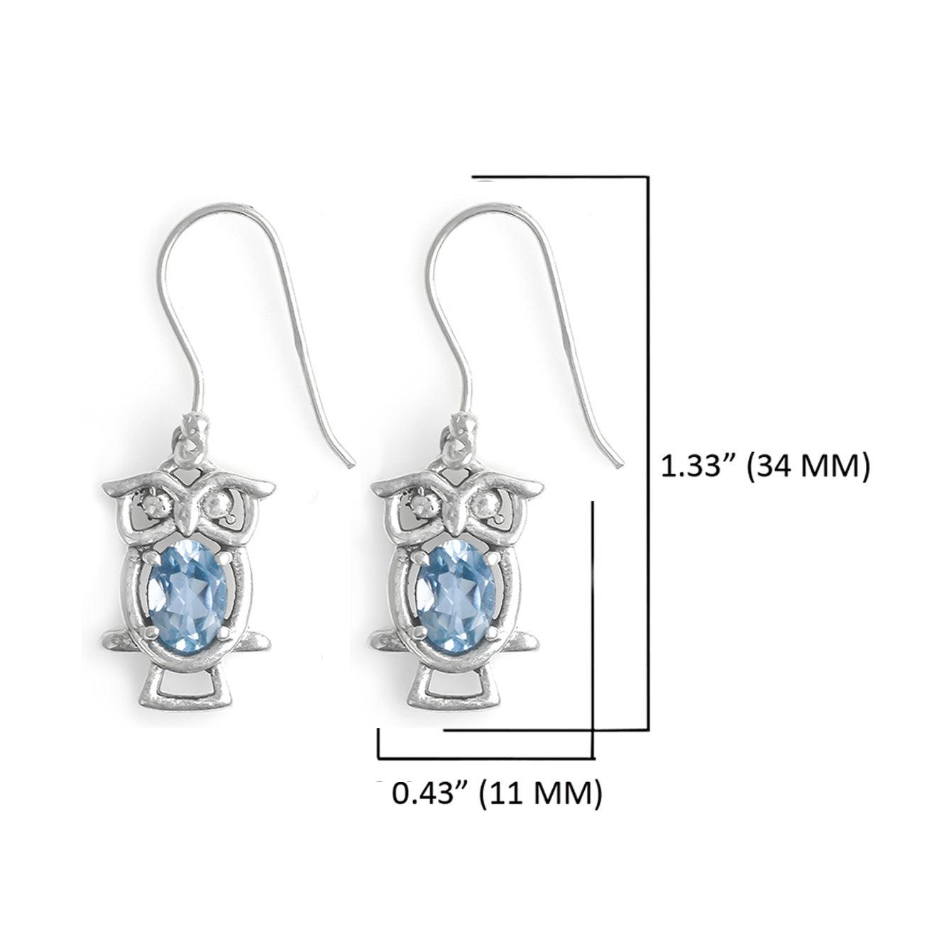 1 1/2" Blue Topaz Owl Design Dangle Earrings - YoTreasure