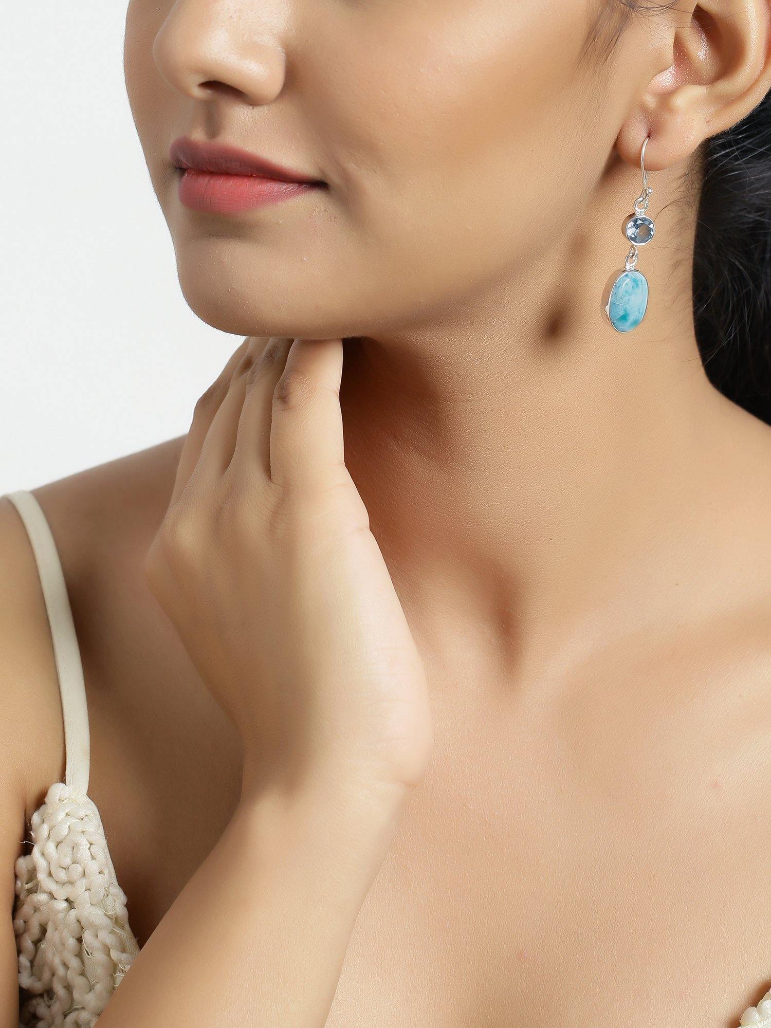 Larimar Blue Topaz Solid 925 Sterling Silver Dangle Earrings Jewelry - YoTreasure