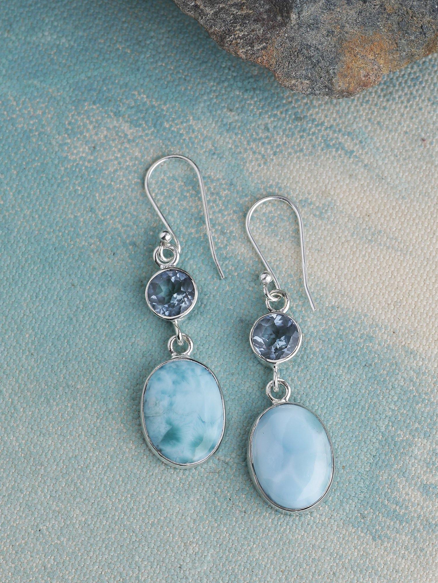 Larimar Blue Topaz Solid 925 Sterling Silver Dangle Earrings Jewelry - YoTreasure