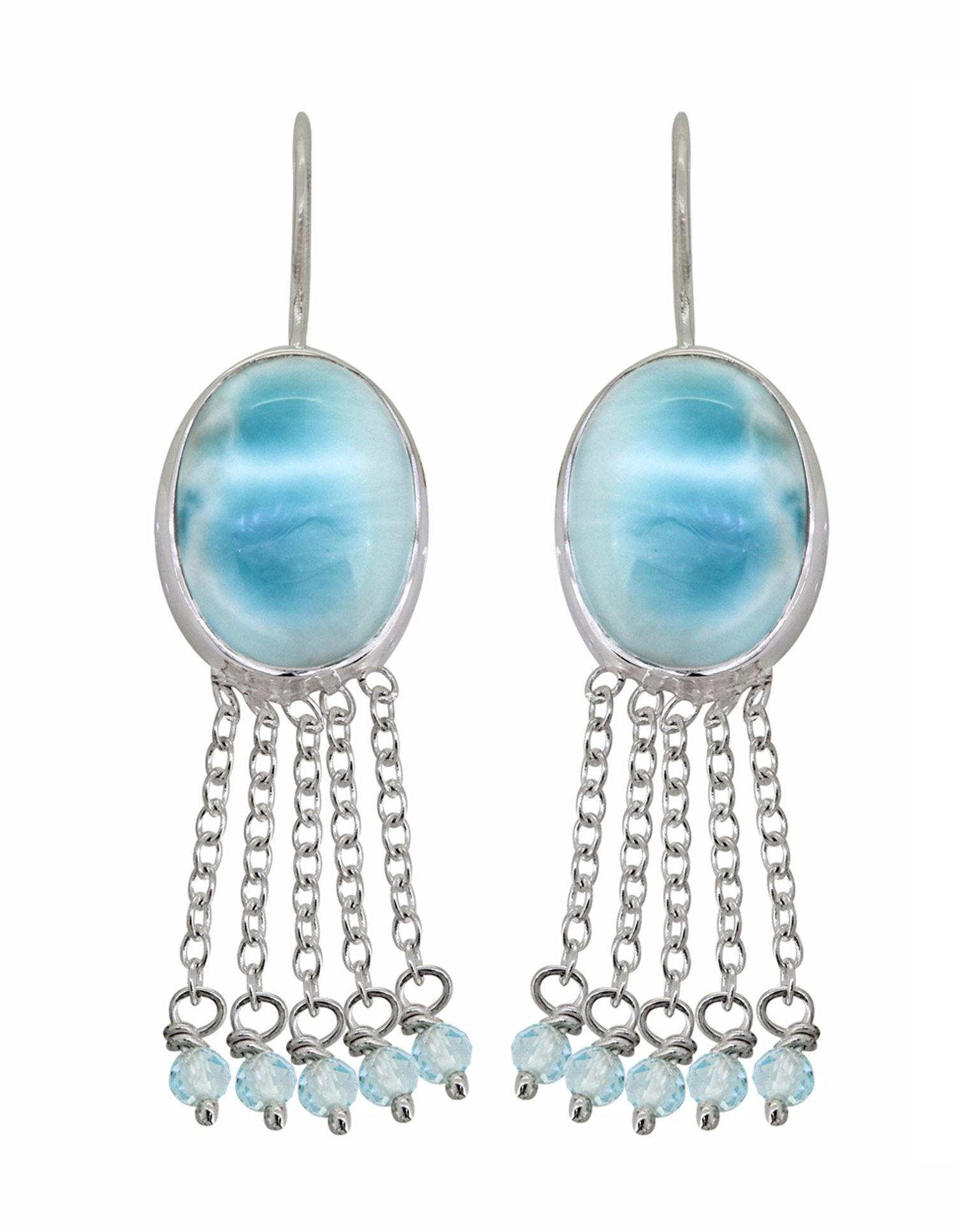 Larimar Blue Topaz Solid 925 Sterling Silver Fixed Wire Chandelier Earrings Jewelry - YoTreasure
