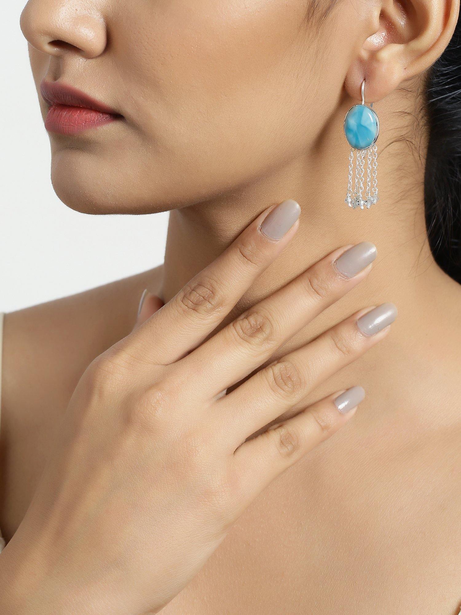 Larimar Blue Topaz Solid 925 Sterling Silver Fixed Wire Chandelier Earrings Jewelry - YoTreasure