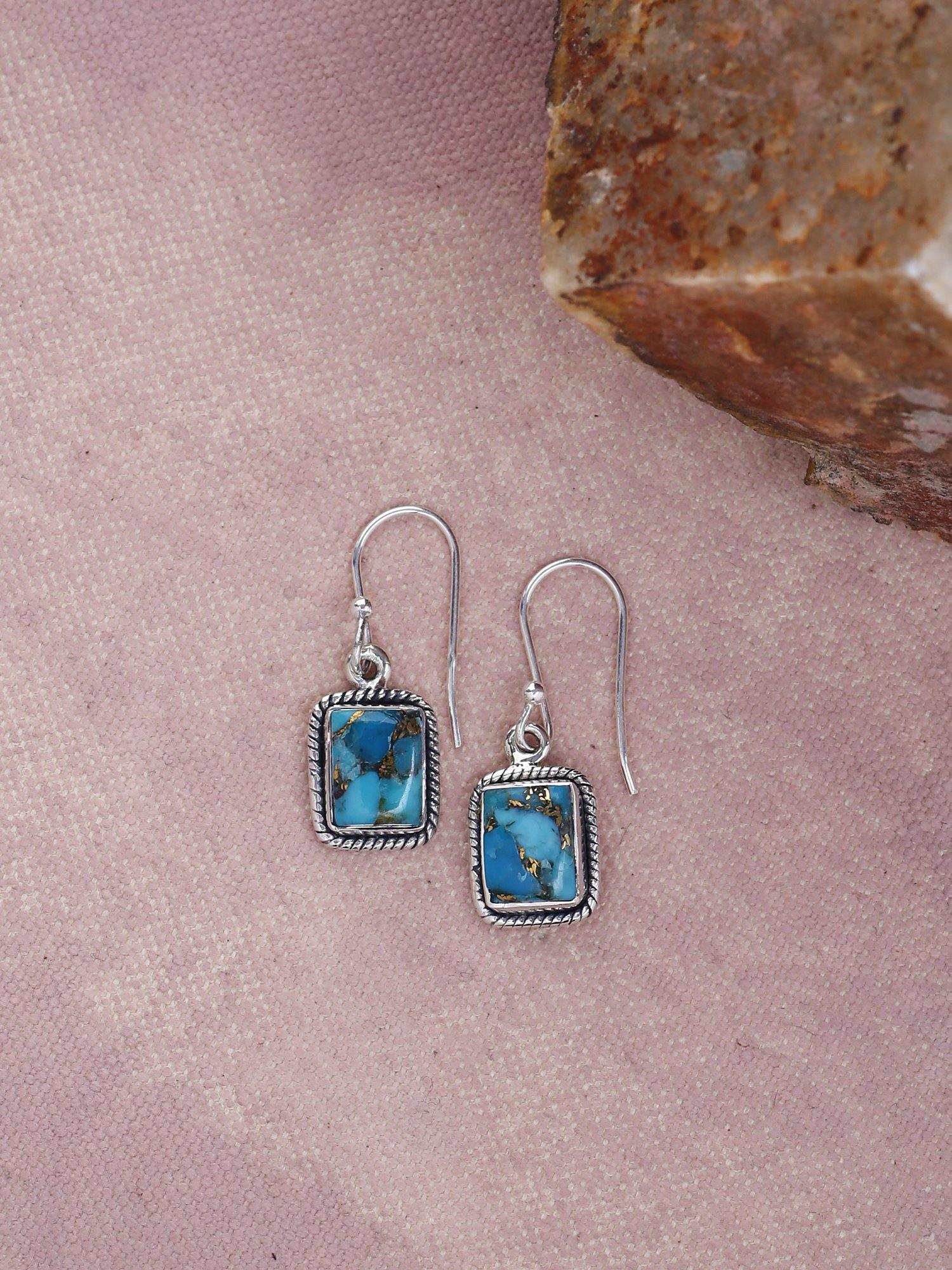 Blue Copper Turquoise Solid 925 Sterling Silver Dangle Earrings Jewelry - YoTreasure