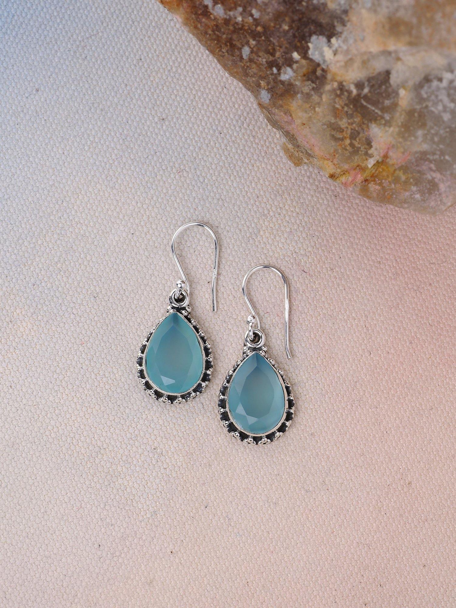 Aqua Chalcedony Solid 925 Sterling Silver Teardrop Dangle Earrings Jewelry - YoTreasure