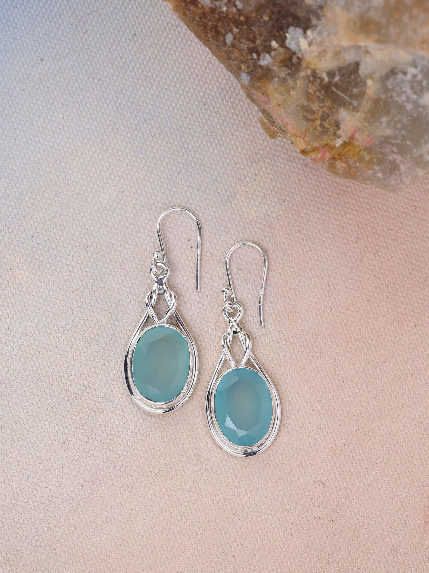 Aqua Chalcedony Solid 925 Sterling Silver Knot Dangle Earrings Jewelry - YoTreasure