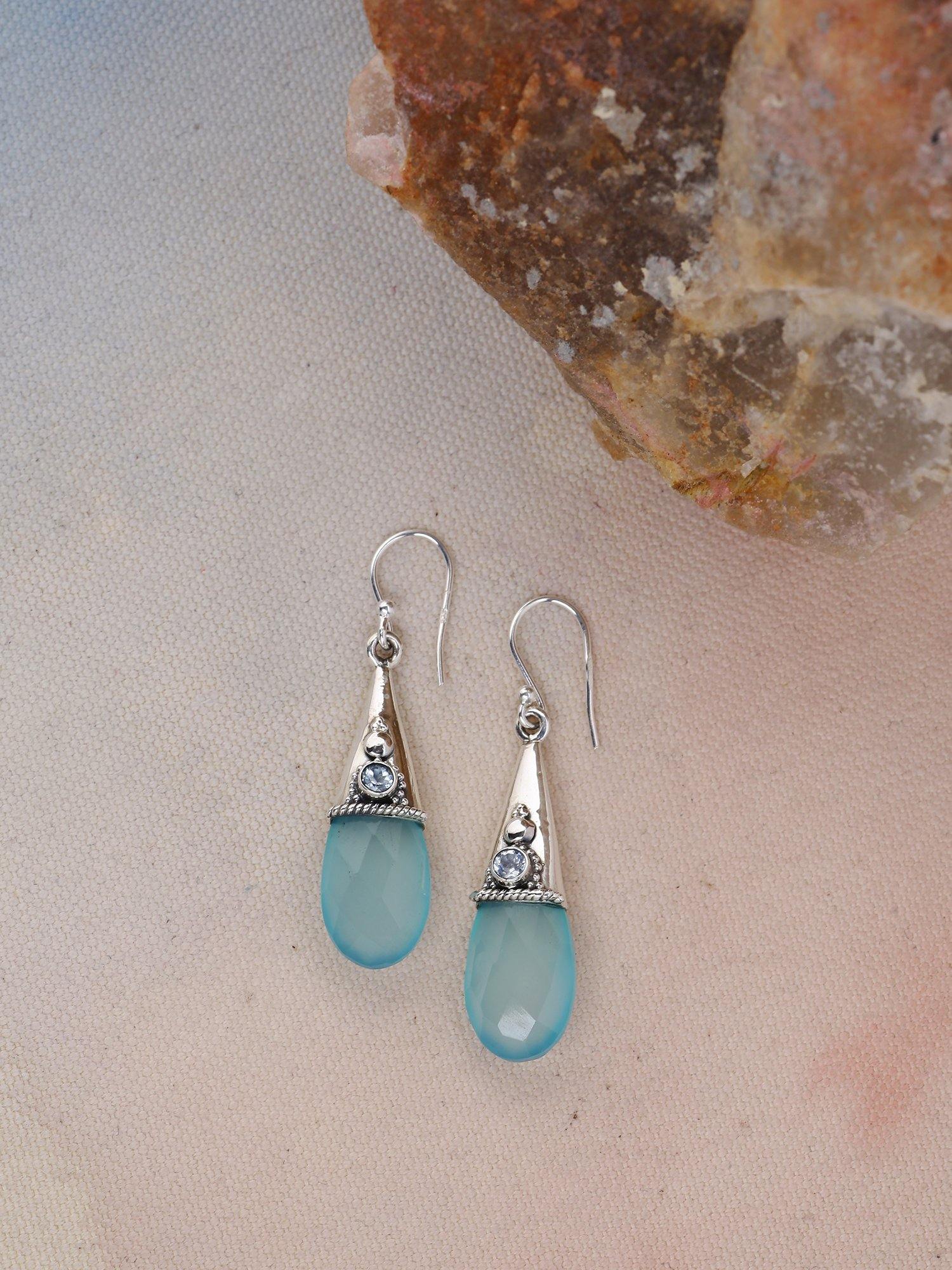 Aqua Chalcedony Solid 925 Sterling Silver Teardrop Dangle Earrings Jewelry - YoTreasure