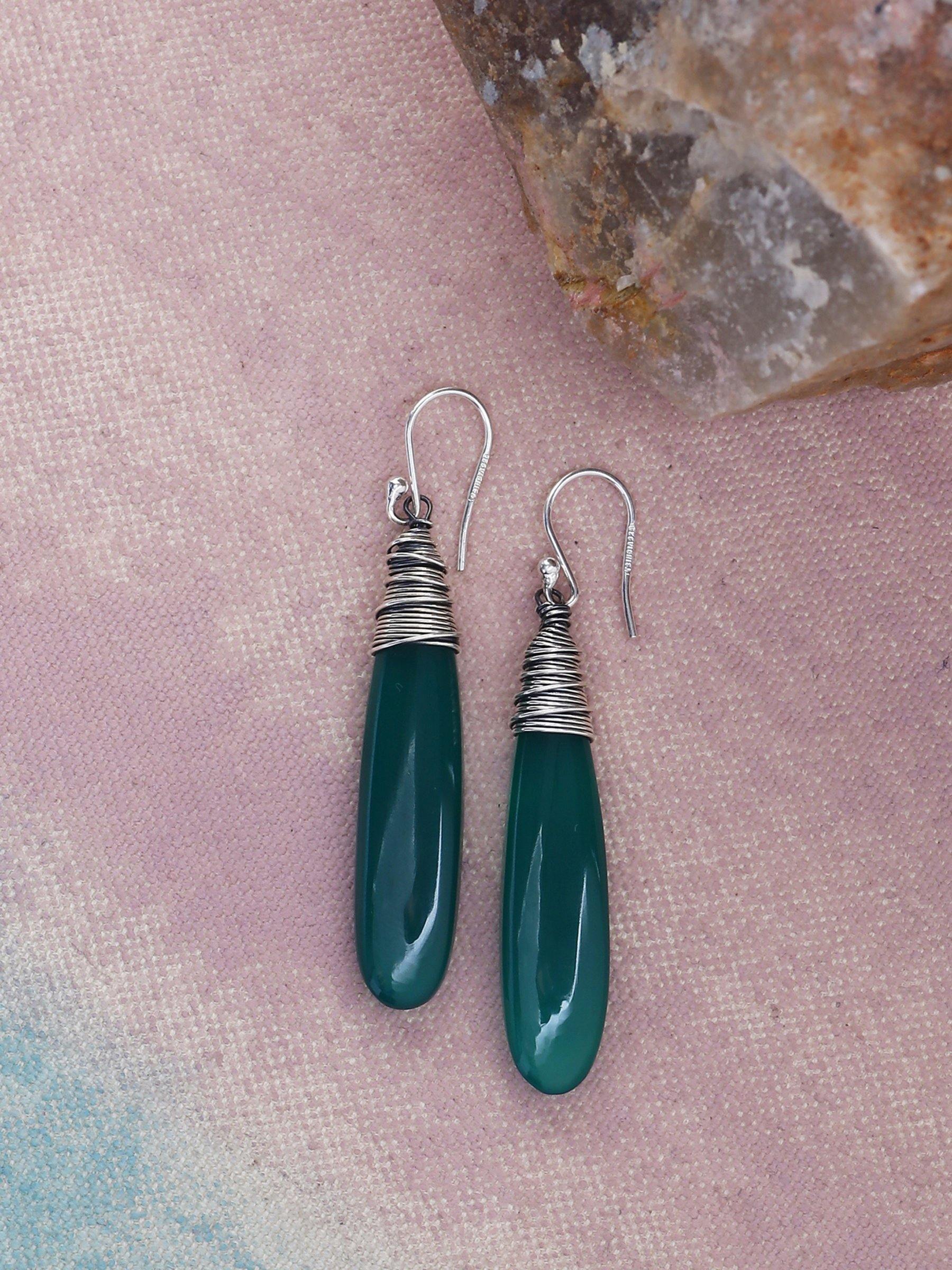 Green Onyx Solid 925 Sterling Silver Bold Dangle Earrings Jewelry - YoTreasure