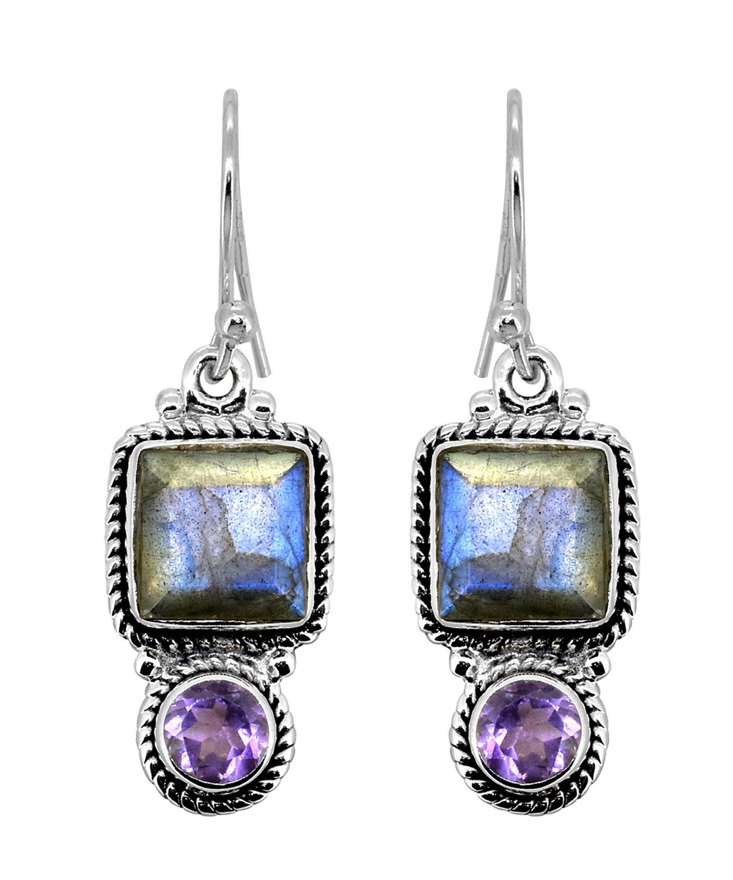 Labradorite Amethyst Solid 925 Sterling Silver Dangle Earrings Jewelry - YoTreasure