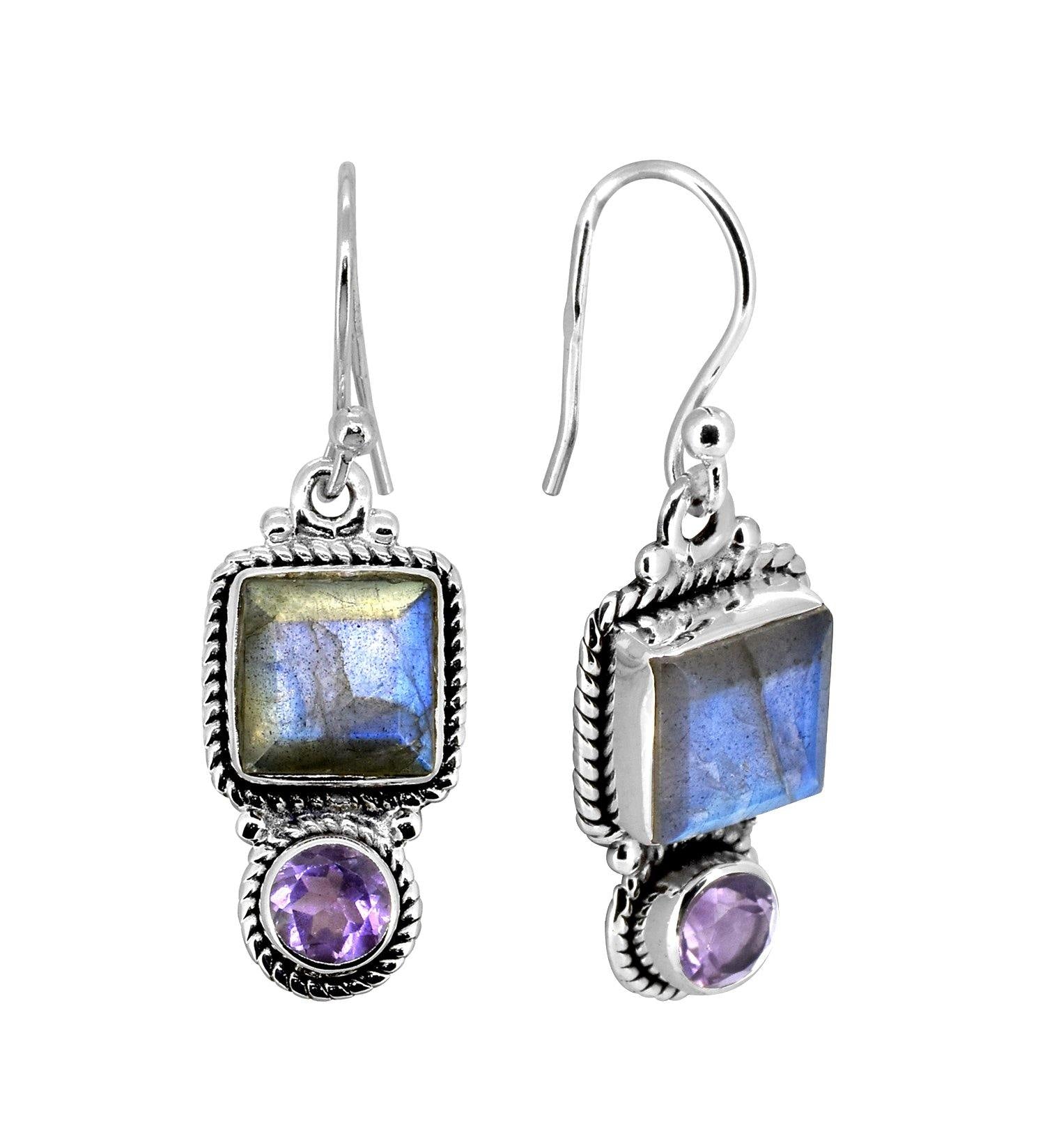 Labradorite Amethyst Solid 925 Sterling Silver Dangle Earrings Jewelry - YoTreasure