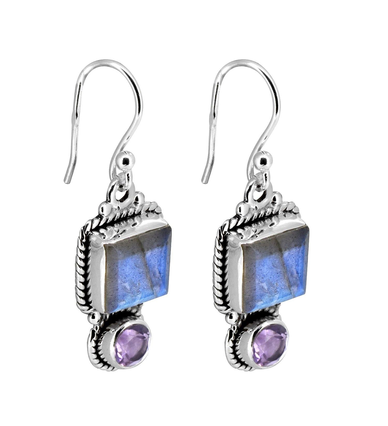 Labradorite Amethyst Solid 925 Sterling Silver Dangle Earrings Jewelry - YoTreasure
