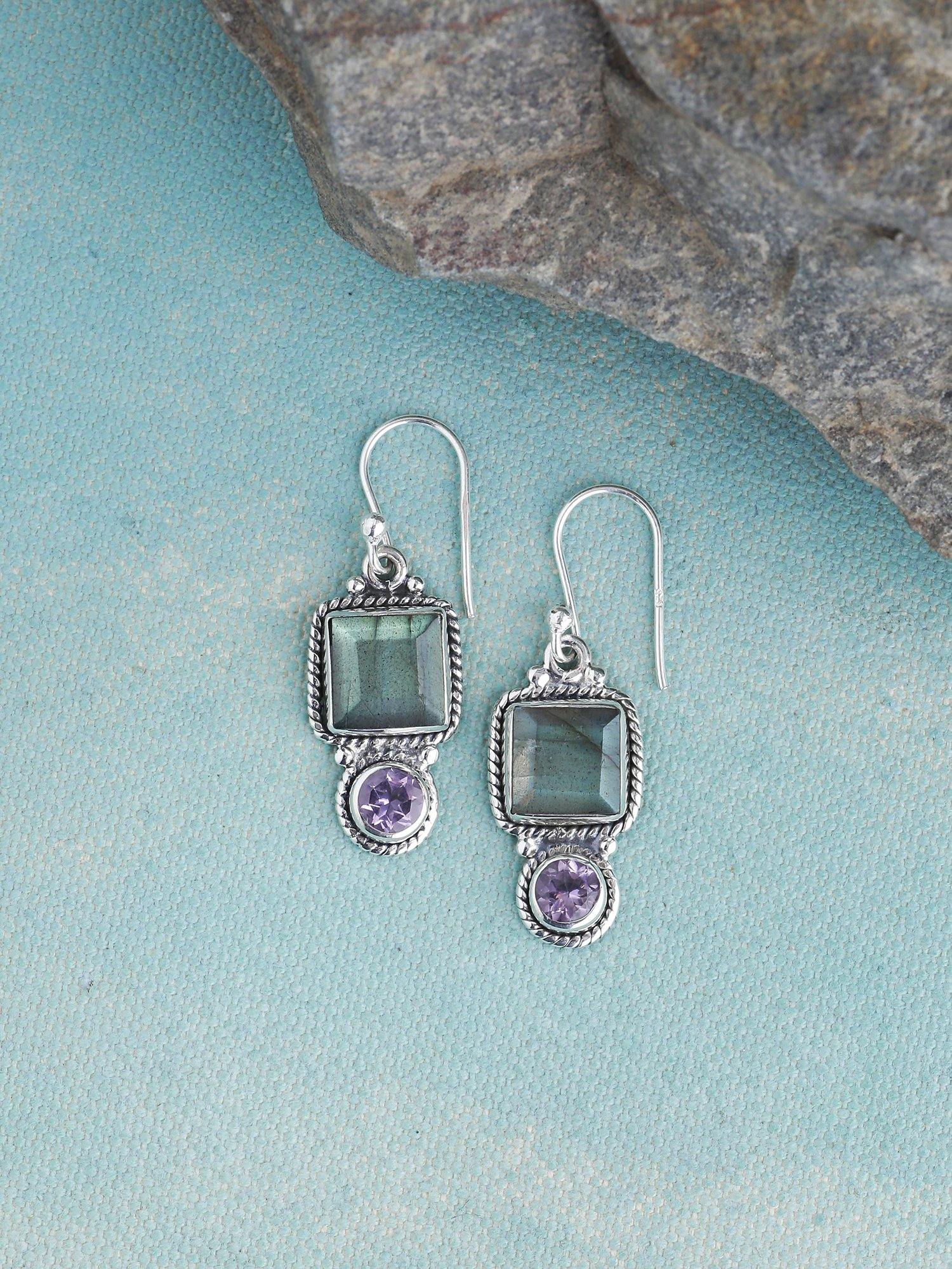 Labradorite Amethyst Solid 925 Sterling Silver Dangle Earrings Jewelry - YoTreasure