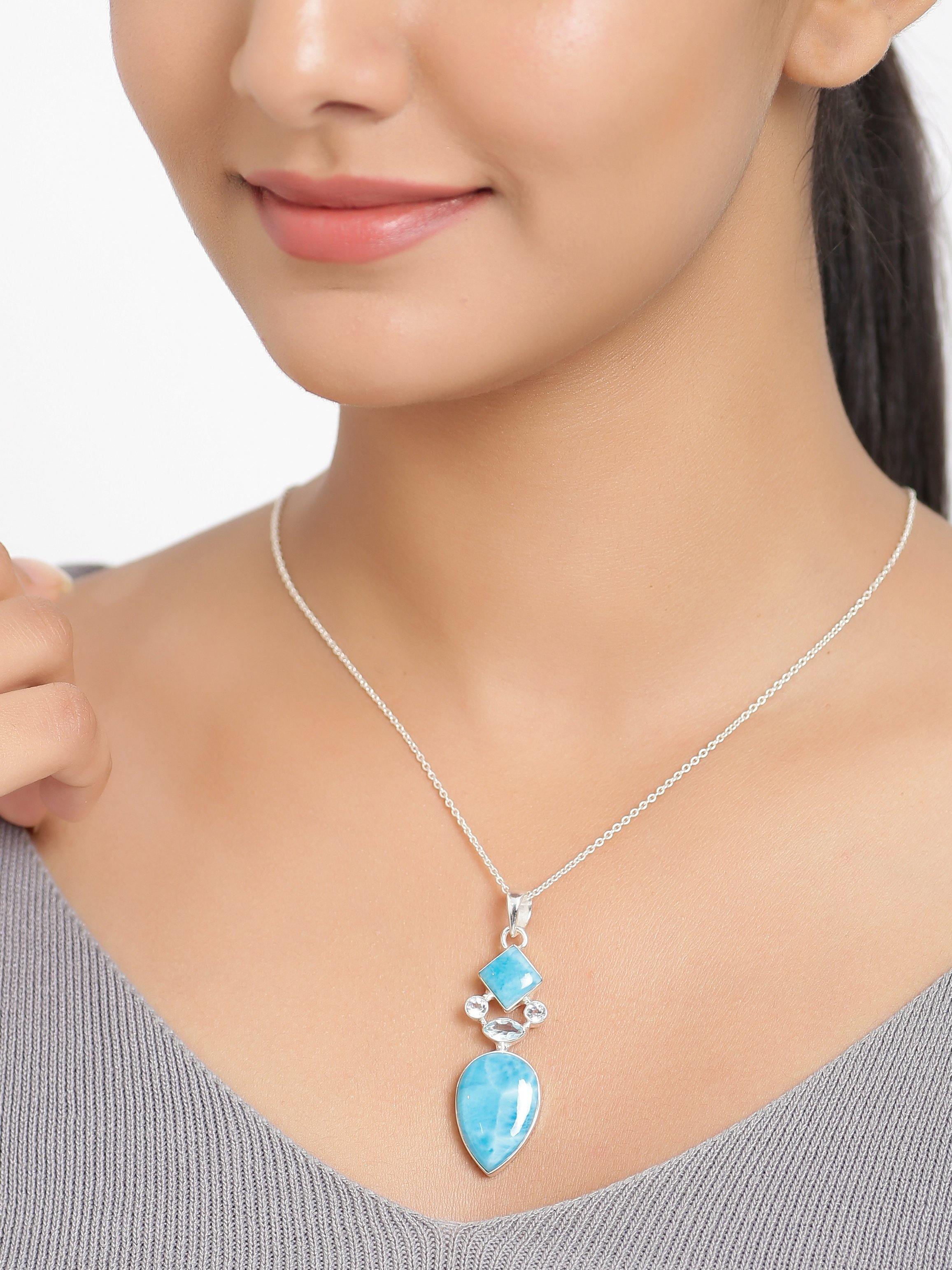 Larimar Blue Topaz Solid 925 Sterling Silver Pendant Necklace - YoTreasure